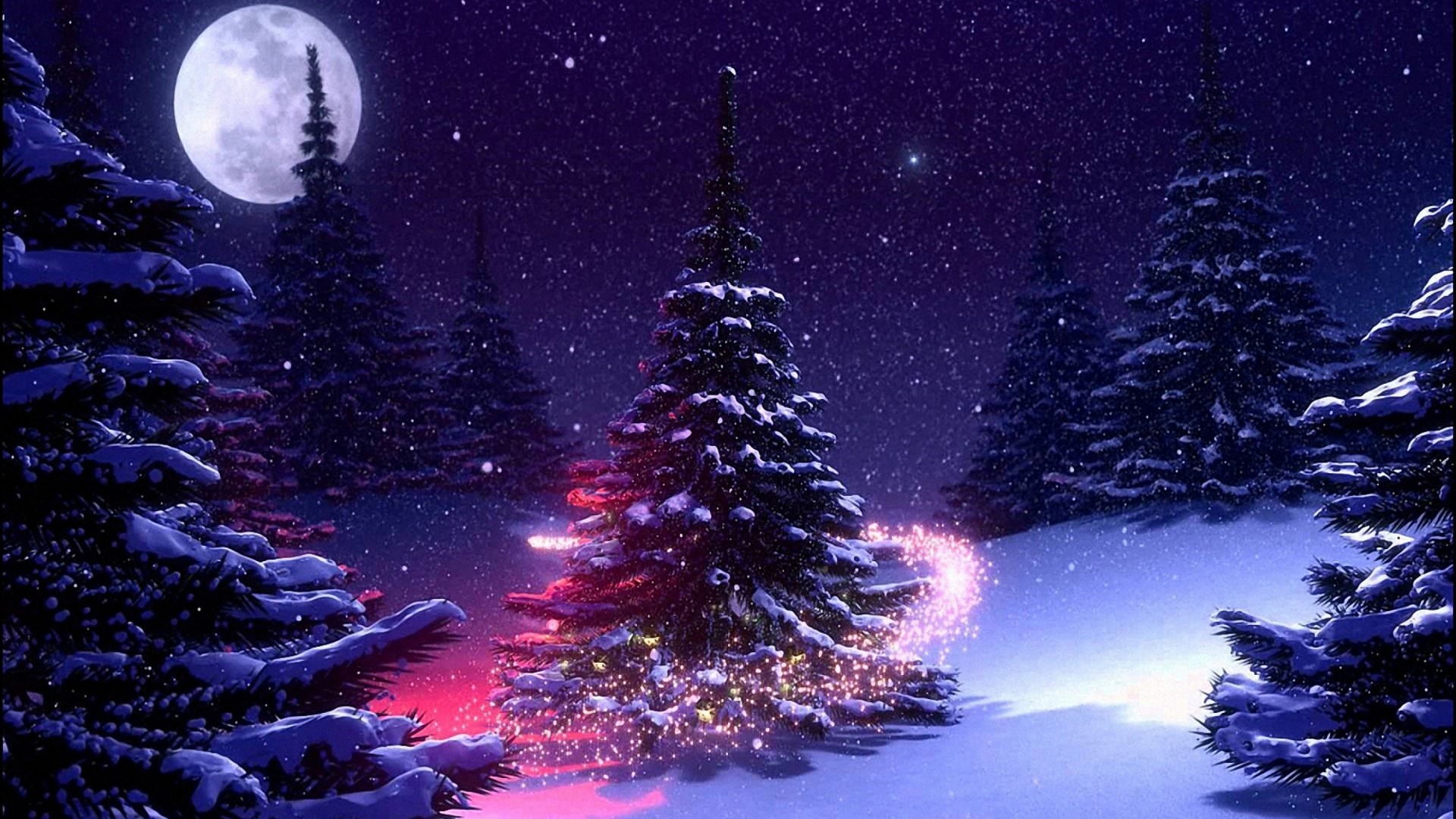 Snowy forest at night with full moon HD Wallpaper
