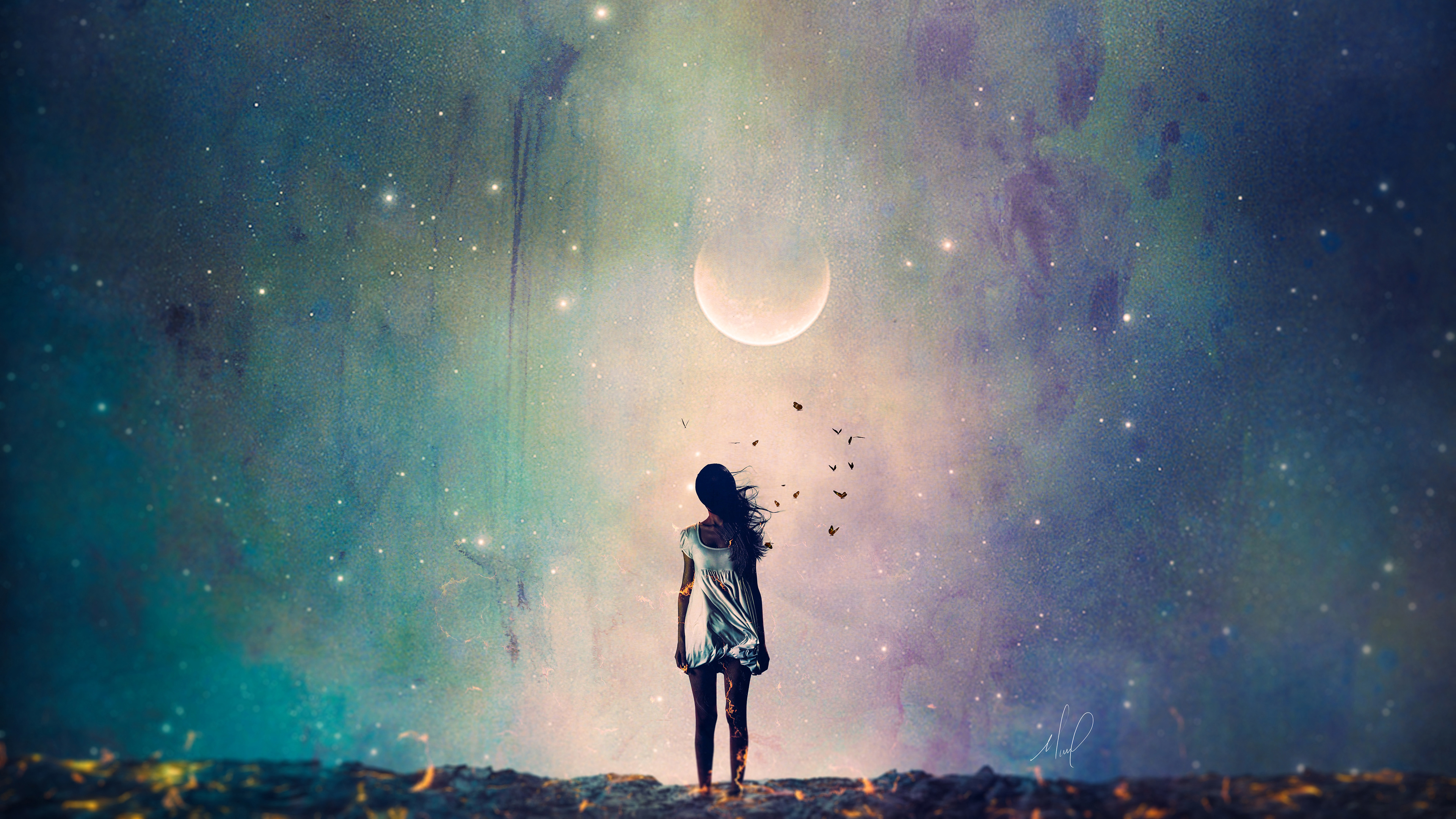Woman standing under a crescent moon and starry sky HD Wallpaper