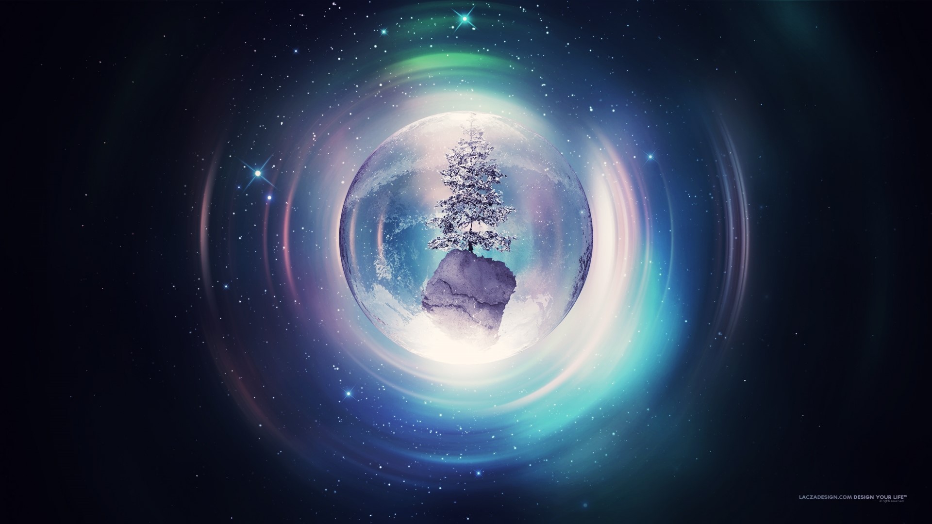 Christmas tree on a rock in a cosmic sphere HD Wallpaper