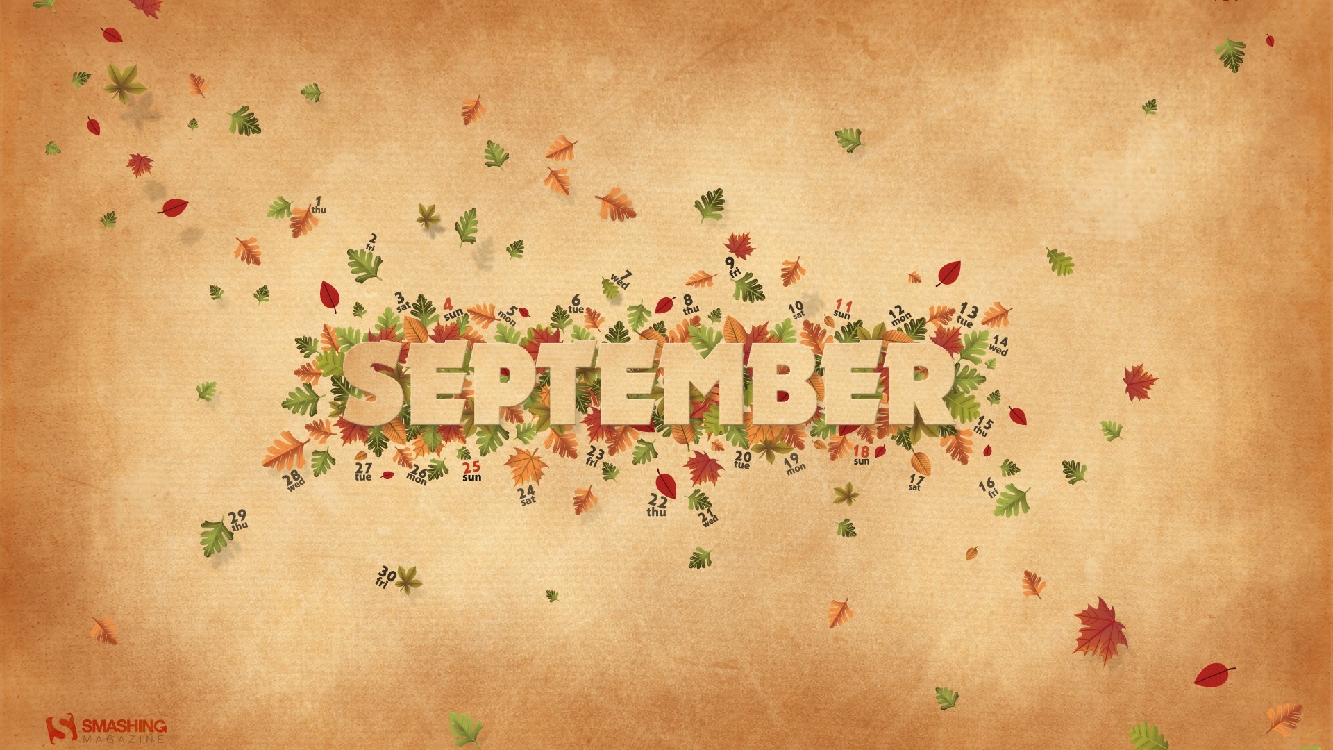 September Calendar with Autumn Leaves HD Wallpaper