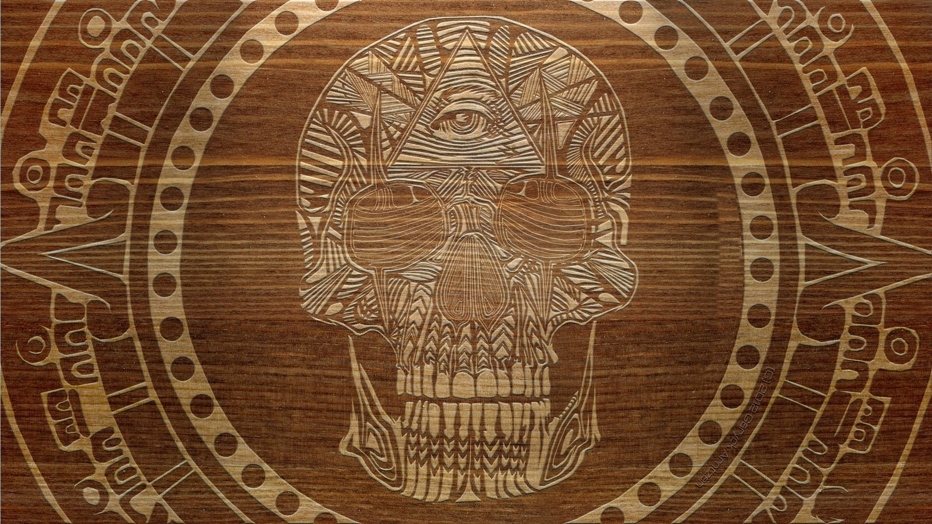 Wood carving of a skull with an eye of providence HD Wallpaper