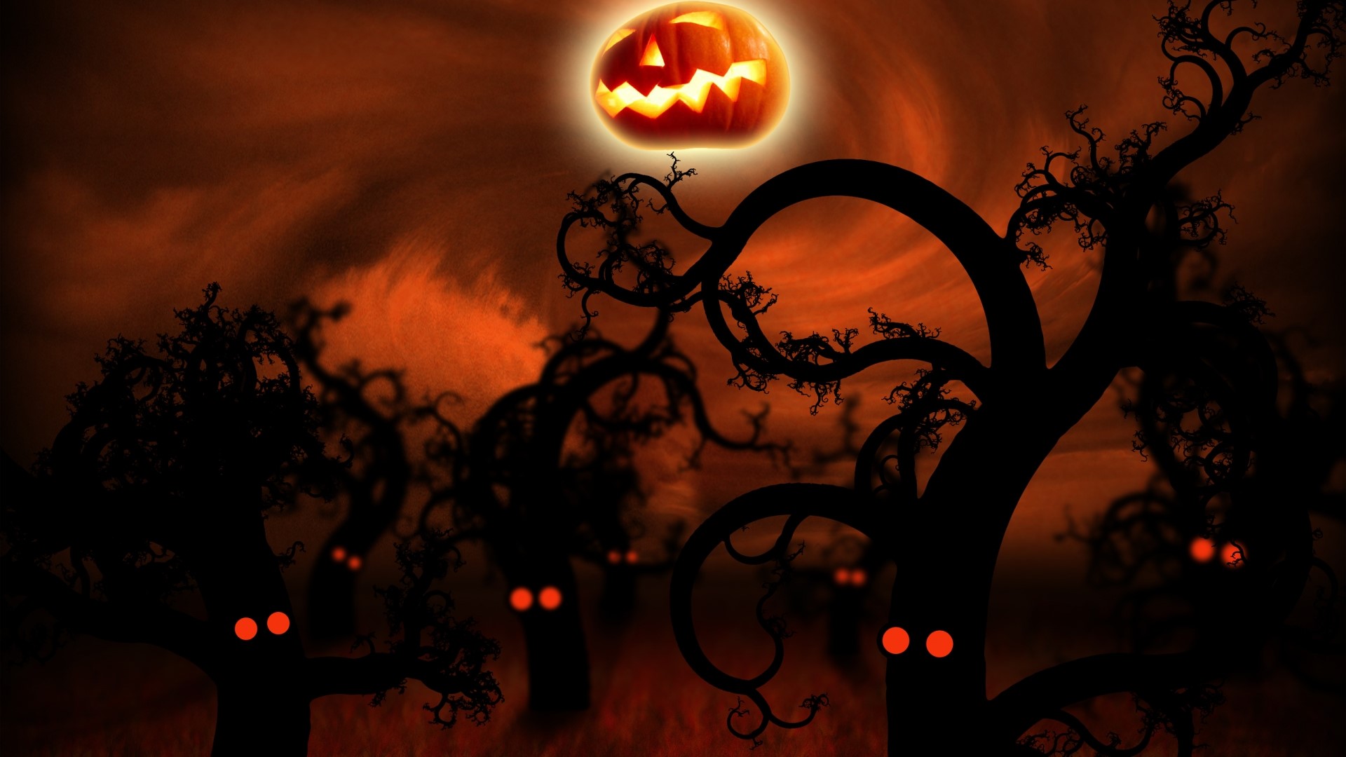 Halloween Jack-o'-lantern in a spooky forest HD Wallpaper