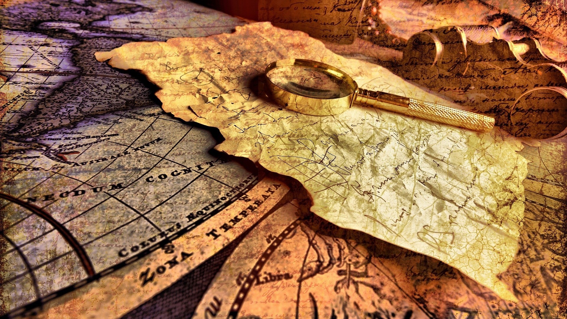 Old maps and magnifying glass HD Wallpaper