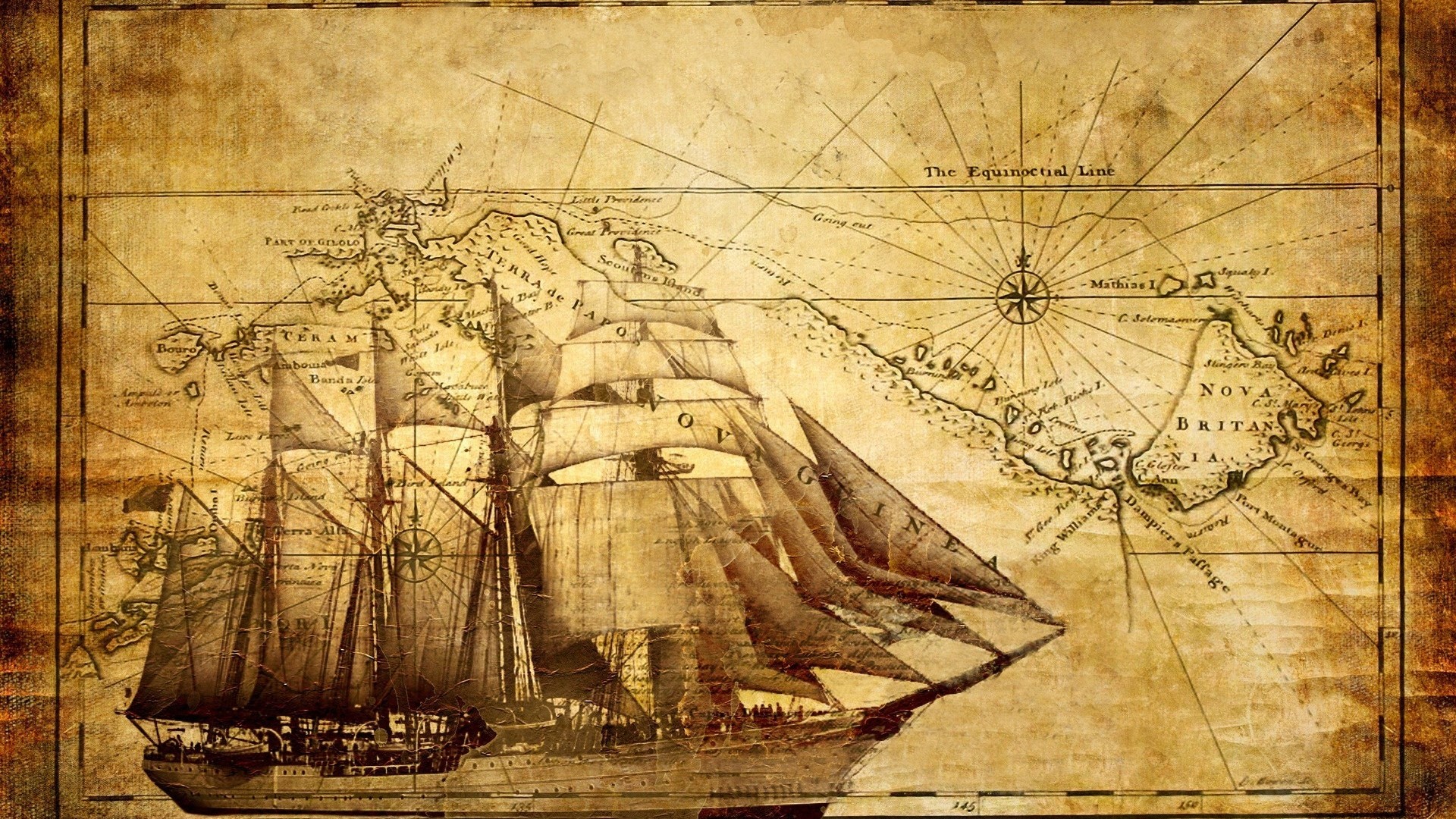 Old Ship on a Vintage Map HD Wallpaper