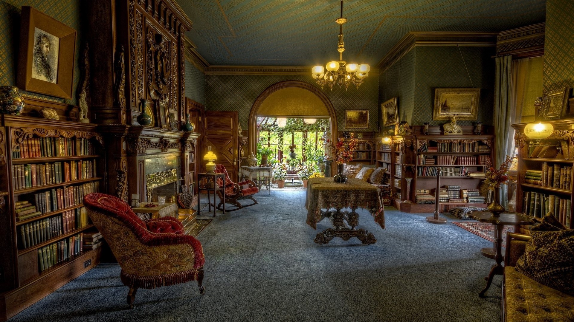 Old room filled with books and antique furniture HD Wallpaper