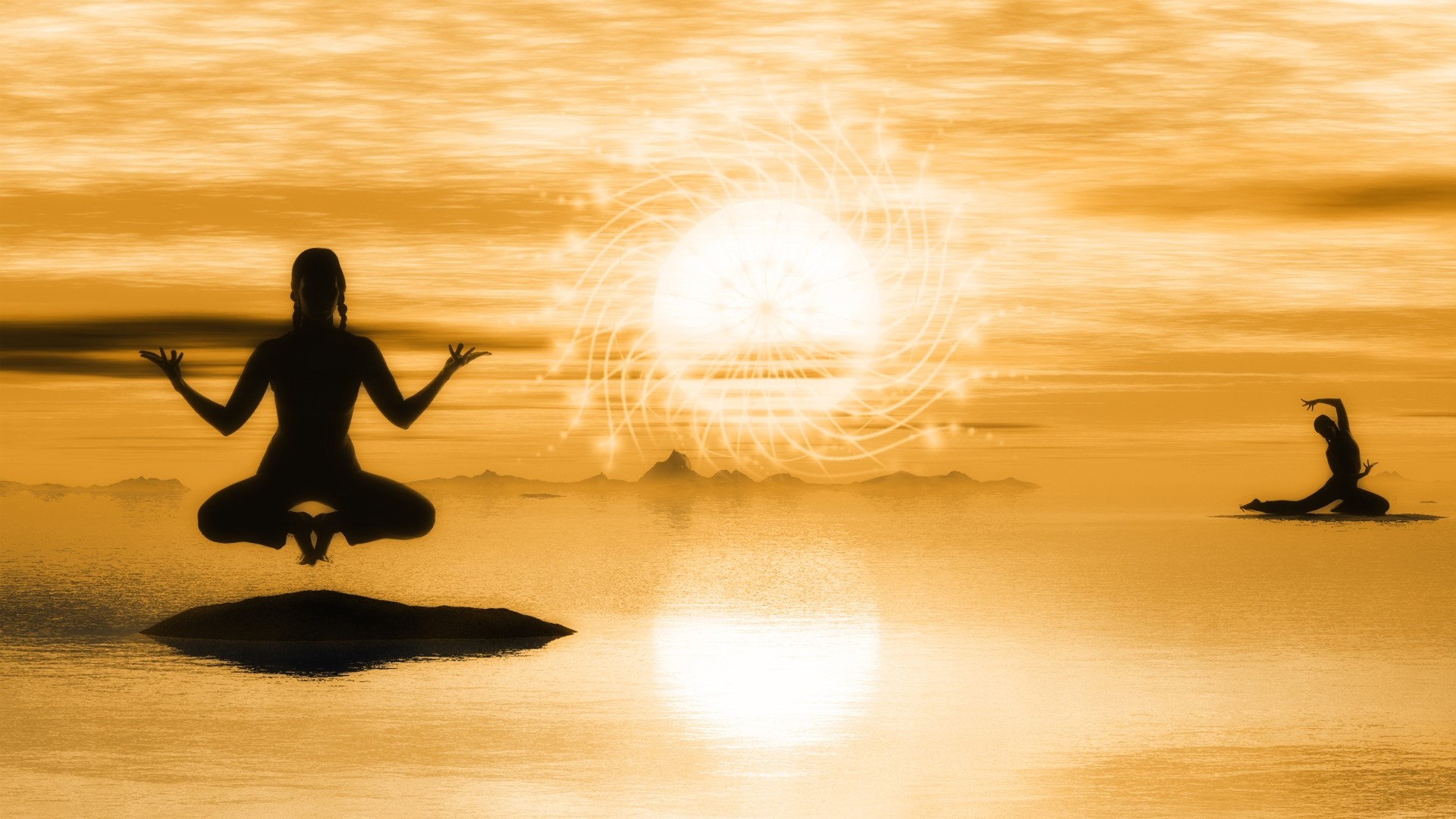 Two people meditating in a surreal landscape at sunset HD Wallpaper