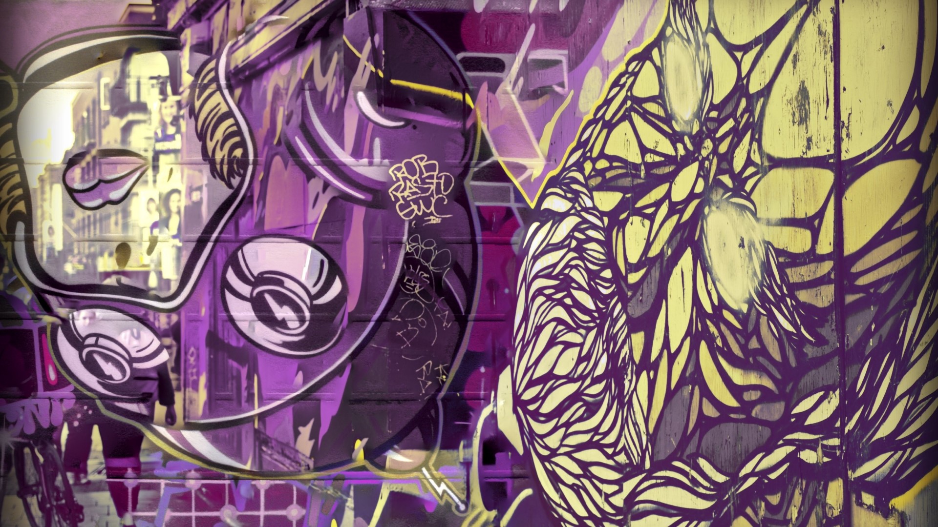 Graffiti mashup with purple and yellow abstract art HD Wallpaper