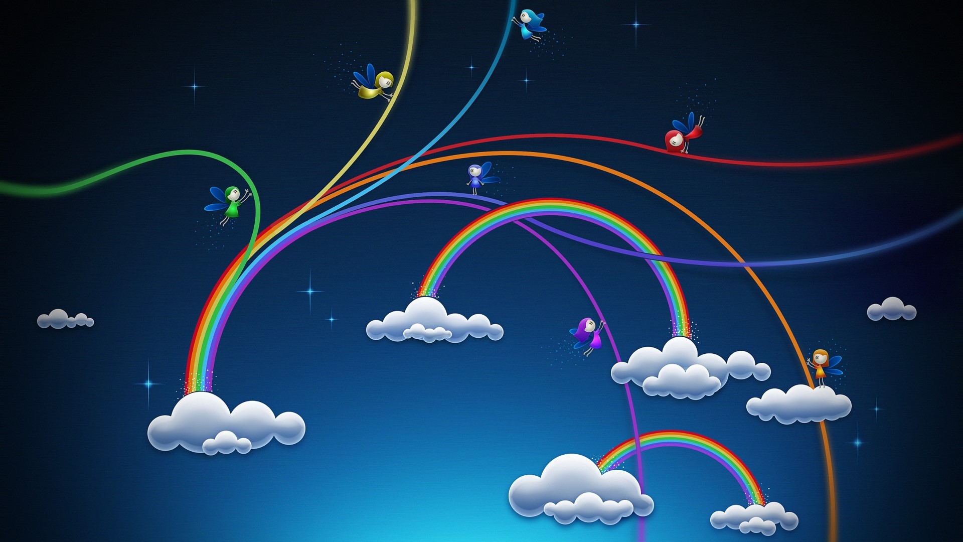 Fairies Flying on Rainbows in a Starry Sky HD Wallpaper