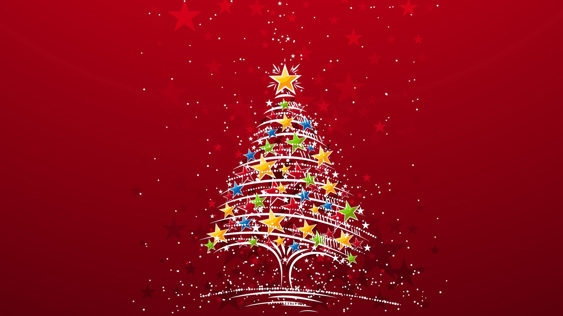 Christmas Tree with Stars on Red Background HD Wallpaper