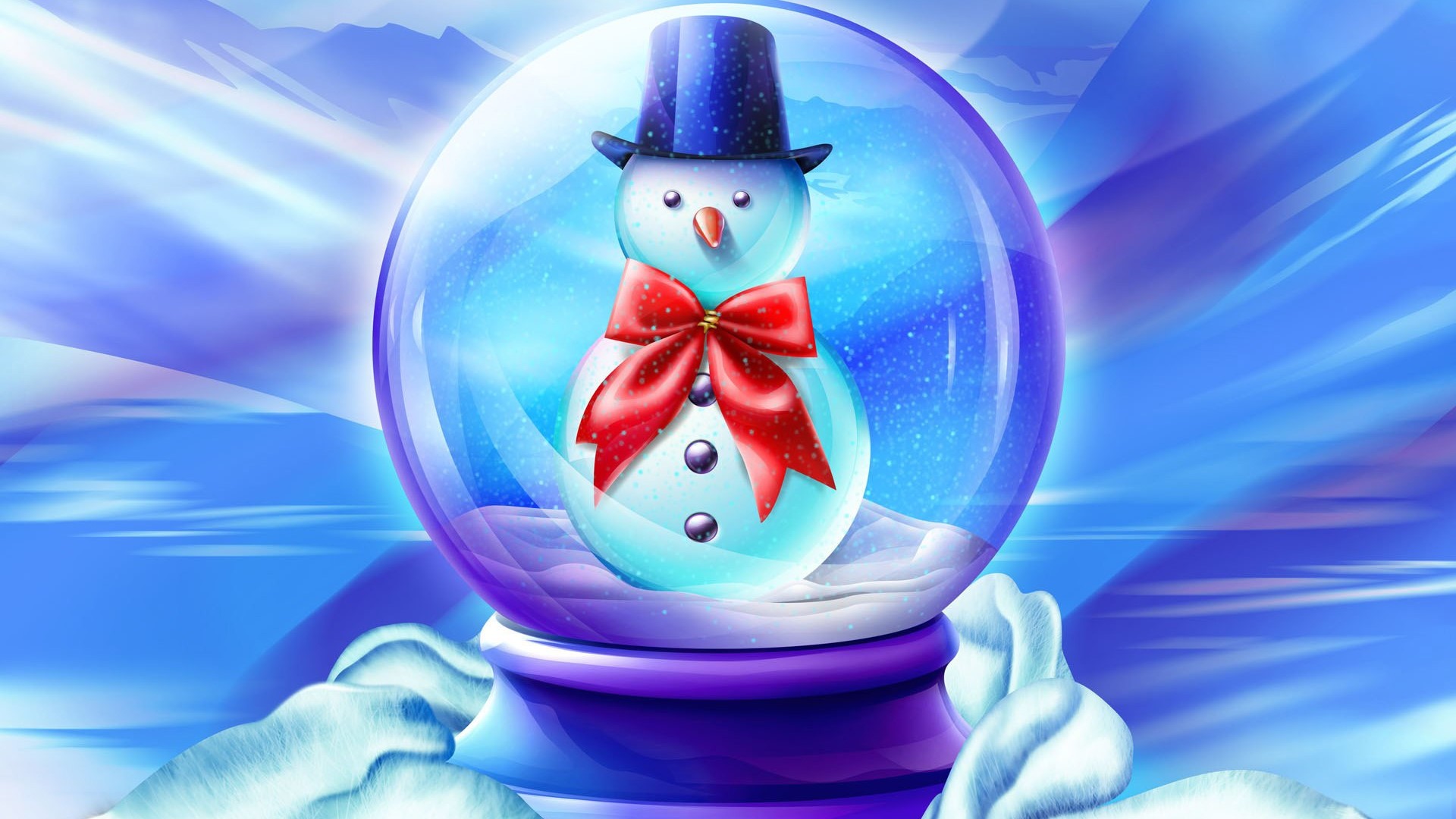 Snowman in a snow globe with a red bow HD Wallpaper