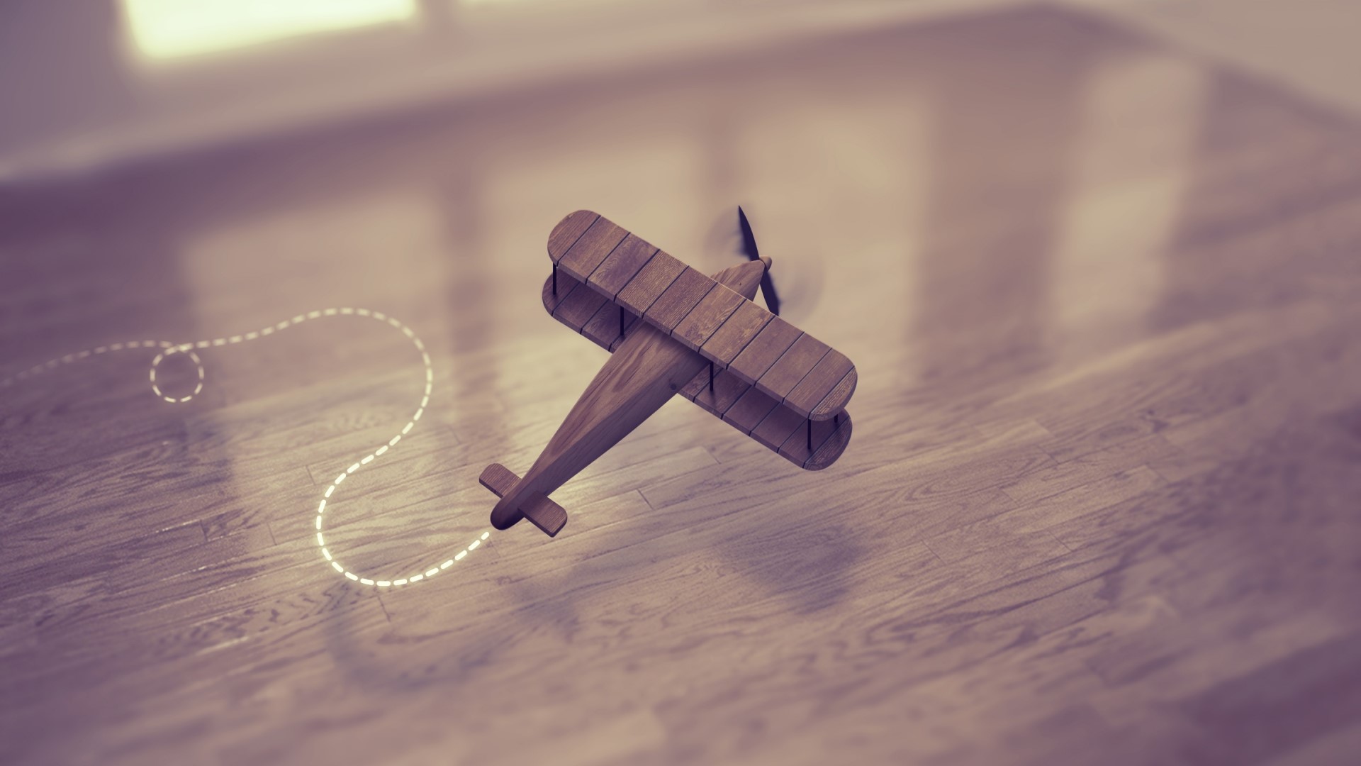 Wooden biplane toy on wooden floor HD Wallpaper