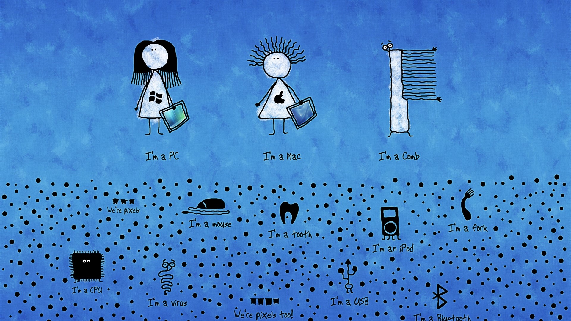 Funny computer icons and characters on blue background HD Wallpaper