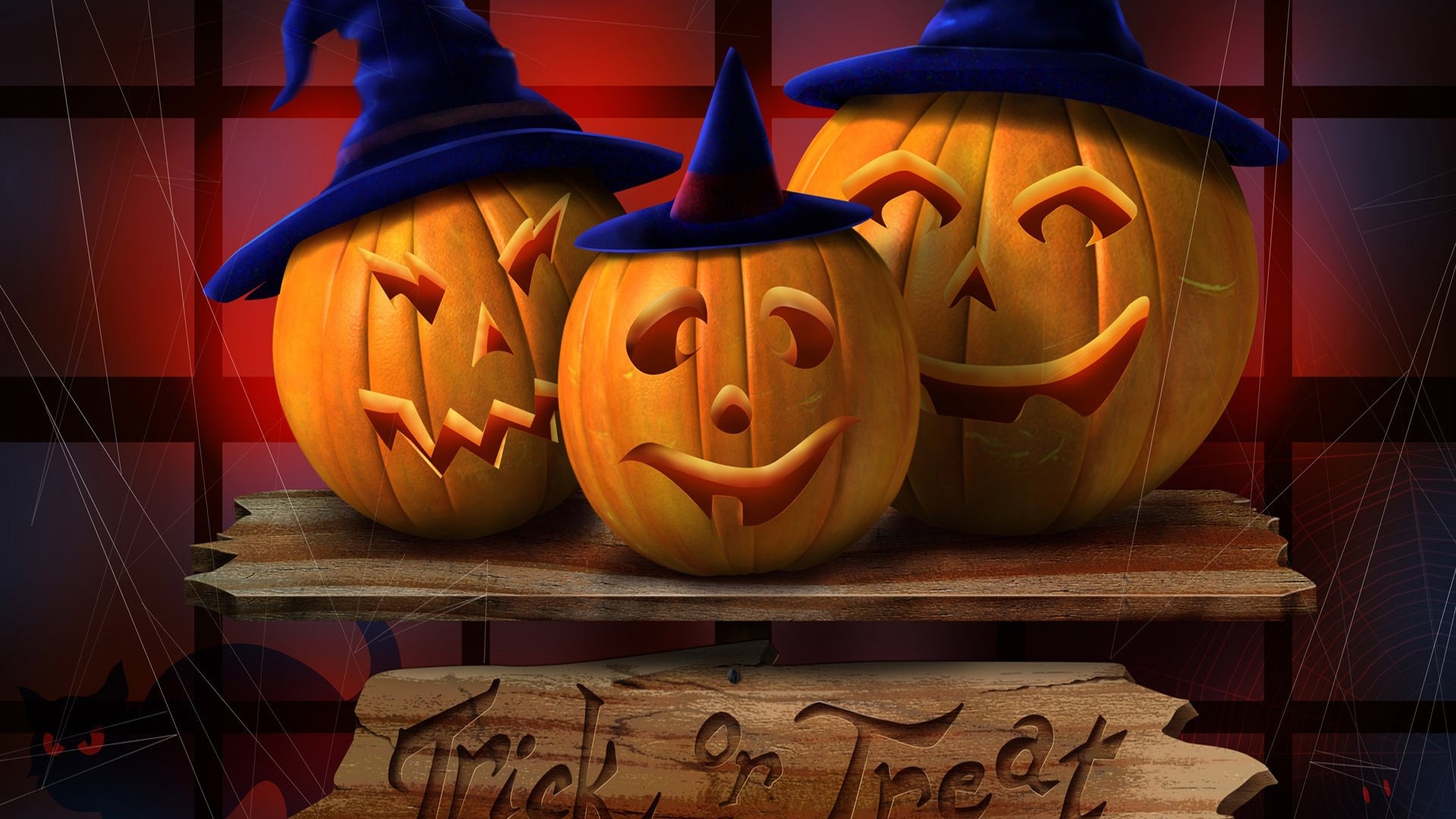 Three Jack-o'-lanterns with witch hats and a Trick or Treat sign HD Wallpaper