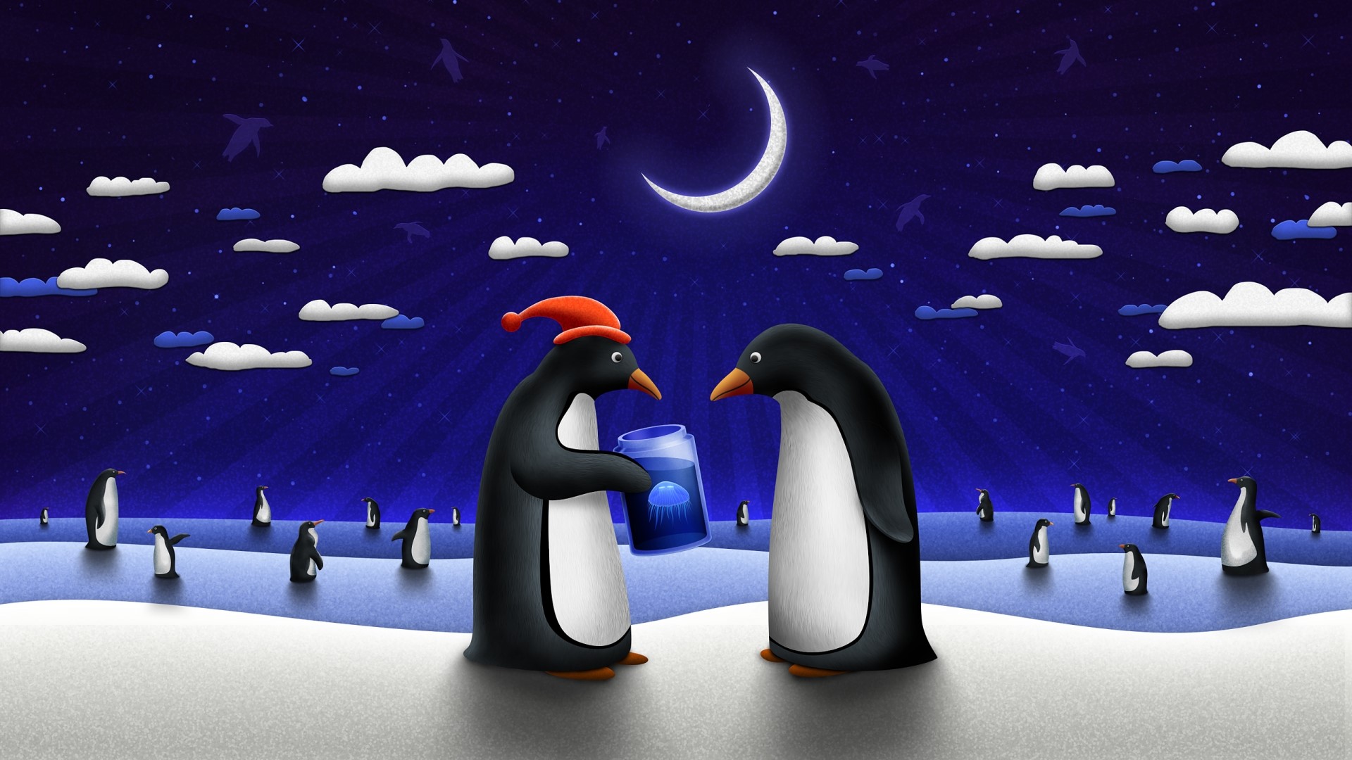 Penguins under the night sky with a crescent moon HD Wallpaper