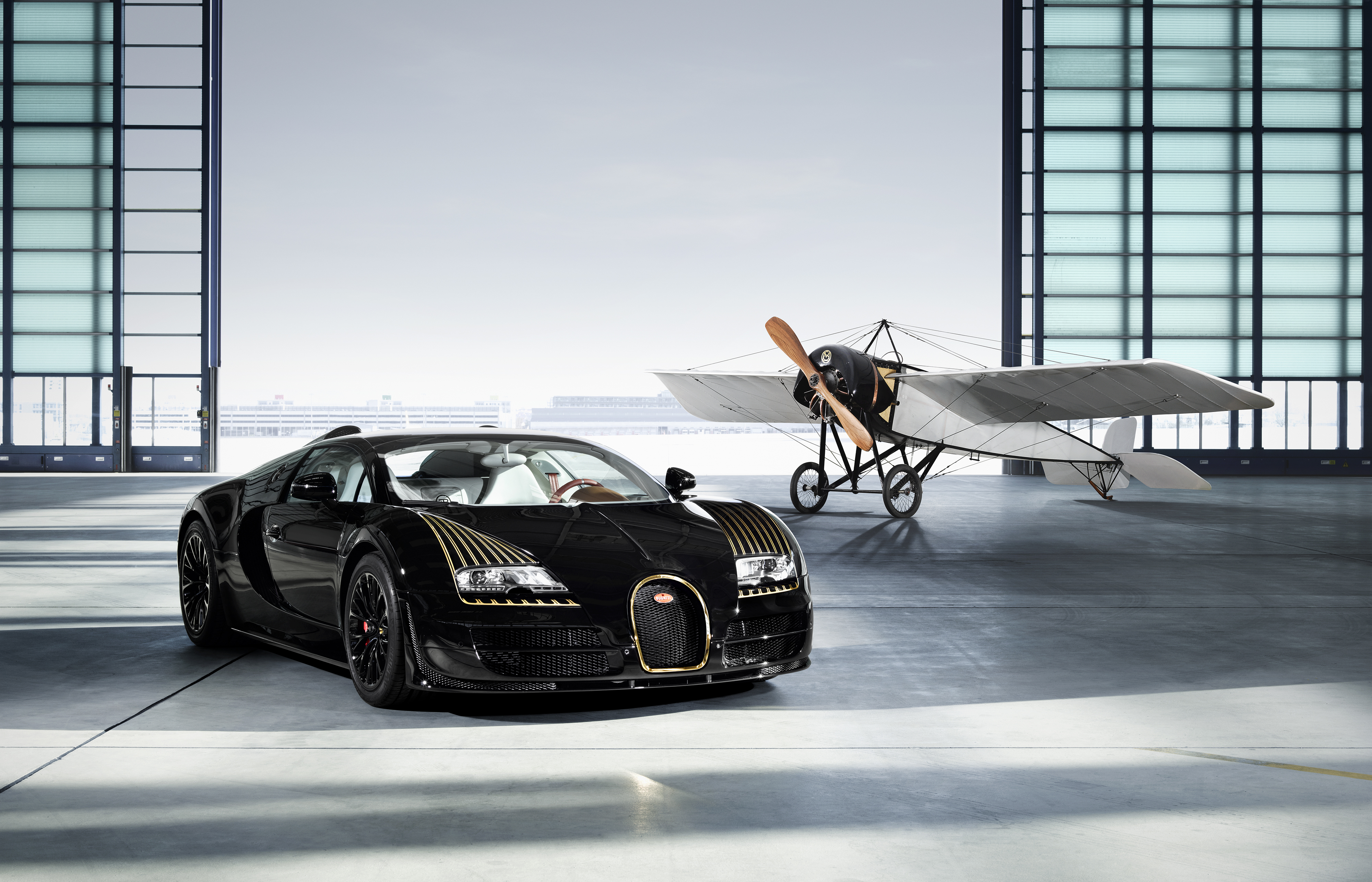 Bugatti Veyron Grand Sport Vitesse Black Bess and Biplane HD Wallpaper