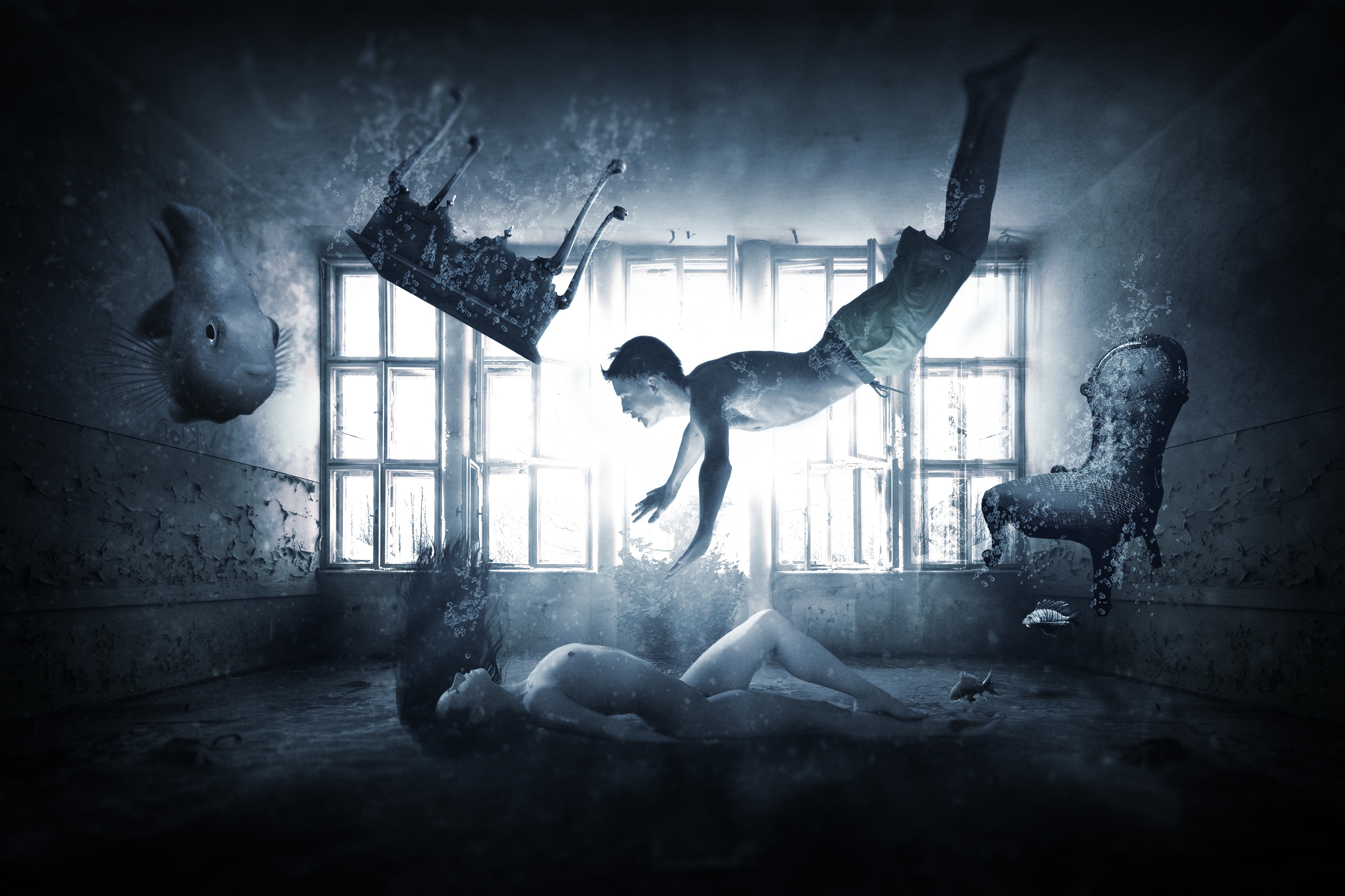 Man and Woman Underwater in Surreal Room 4K HD Wallpaper