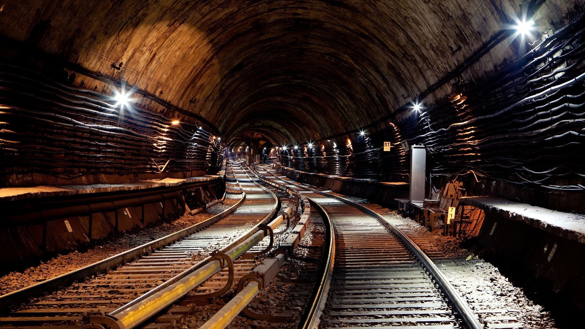 Underground Rail Tunnel with Multiple Tracks HD Wallpaper