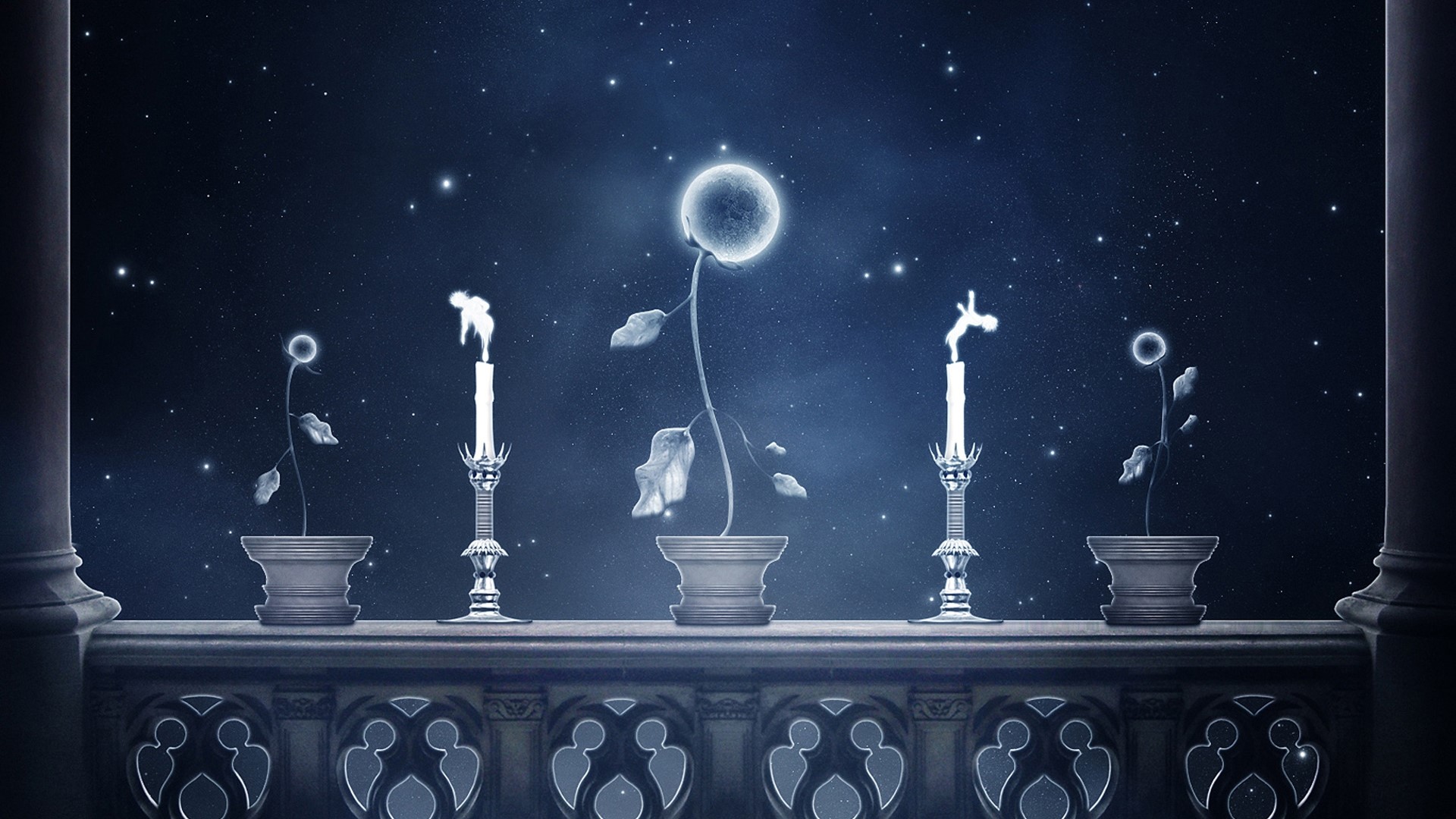 Moon Flowers and Candles on Balcony HD Wallpaper