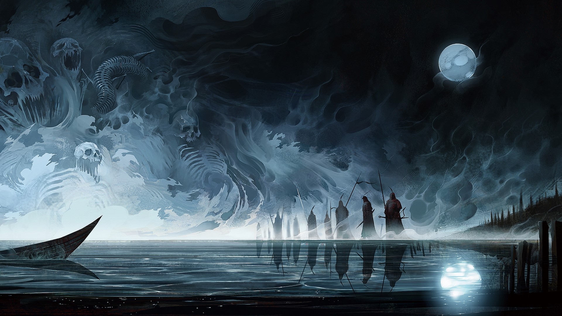 Dark fantasy scene with skulls and hooded figures HD Wallpaper