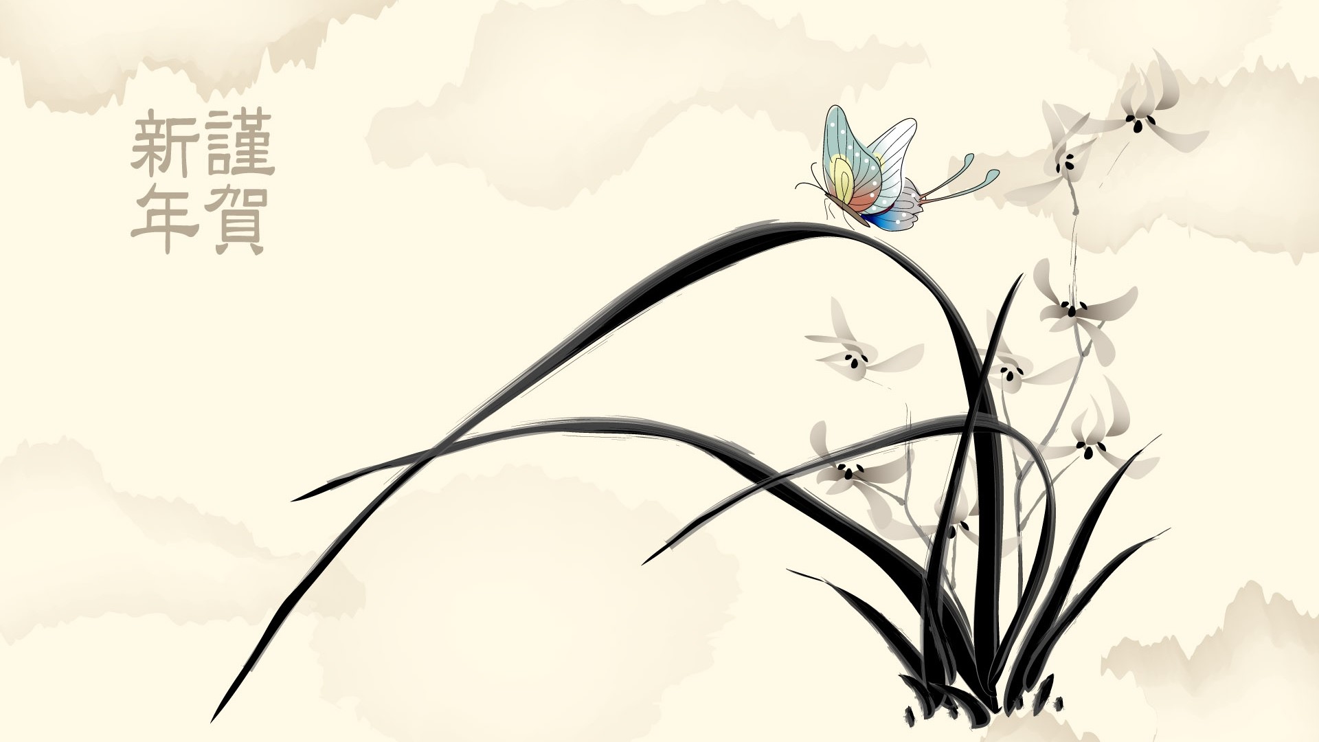Chinese New Year calligraphy with butterfly and orchids HD Wallpaper