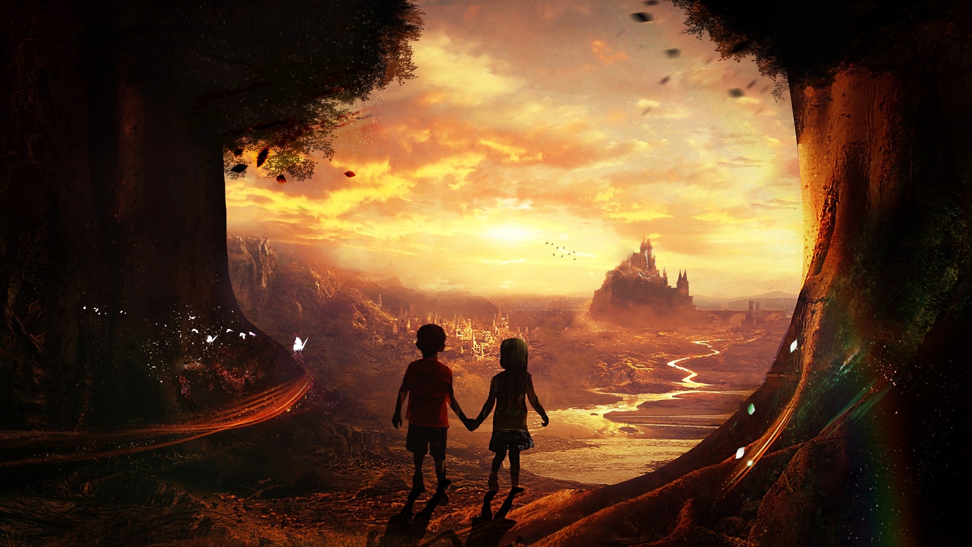 Children holding hands looking at a fantasy landscape HD Wallpaper