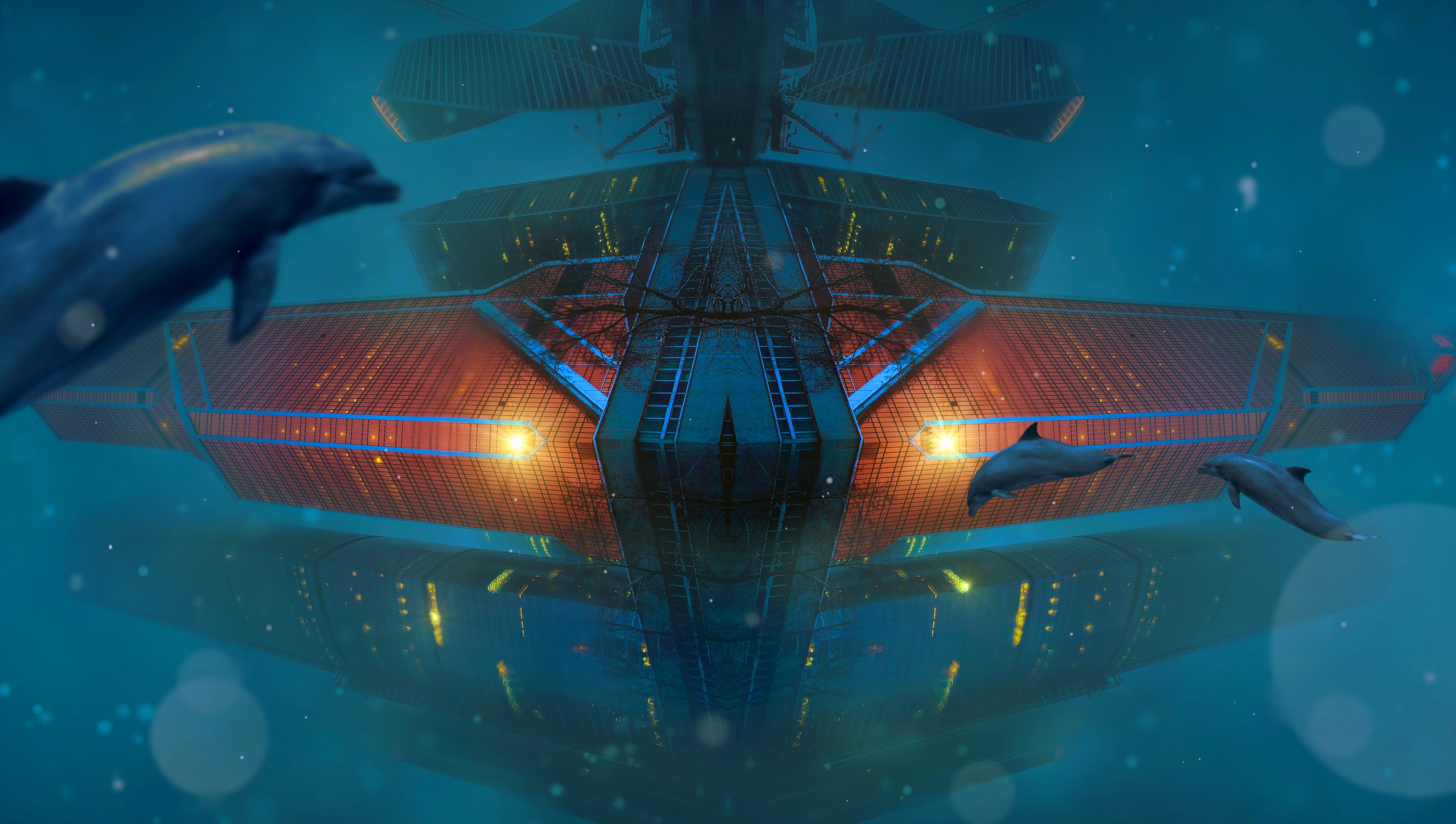4K Underwater Futuristic Architecture with Dolphins HD Wallpaper