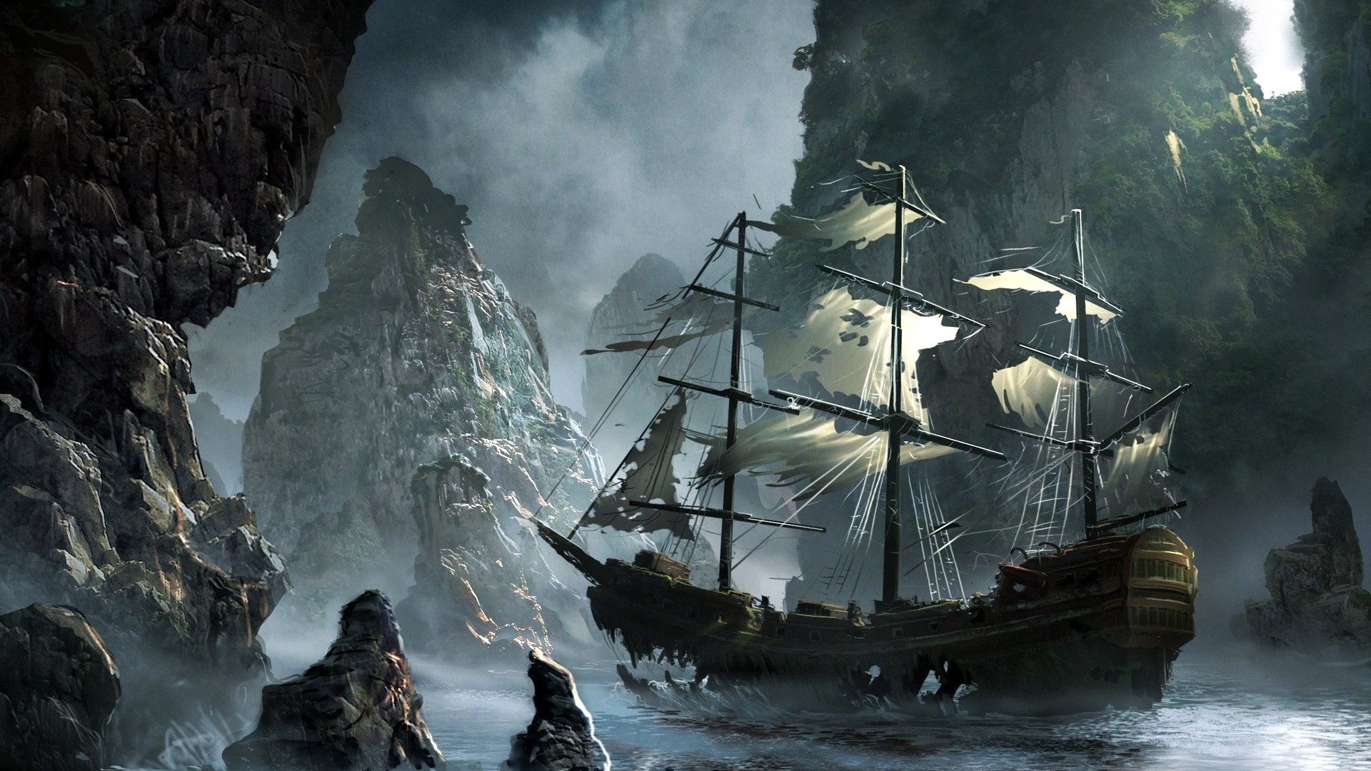Ghost ship in a rocky cove HD Wallpaper
