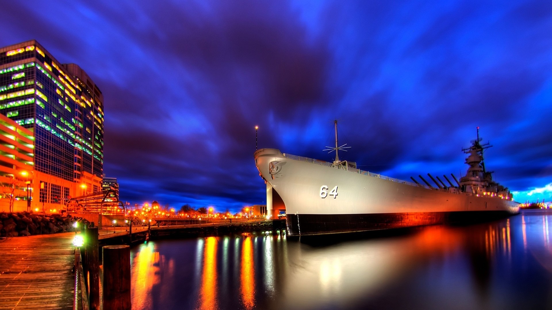 Battleship USS Wisconsin (BB-64) at Night HD Wallpaper