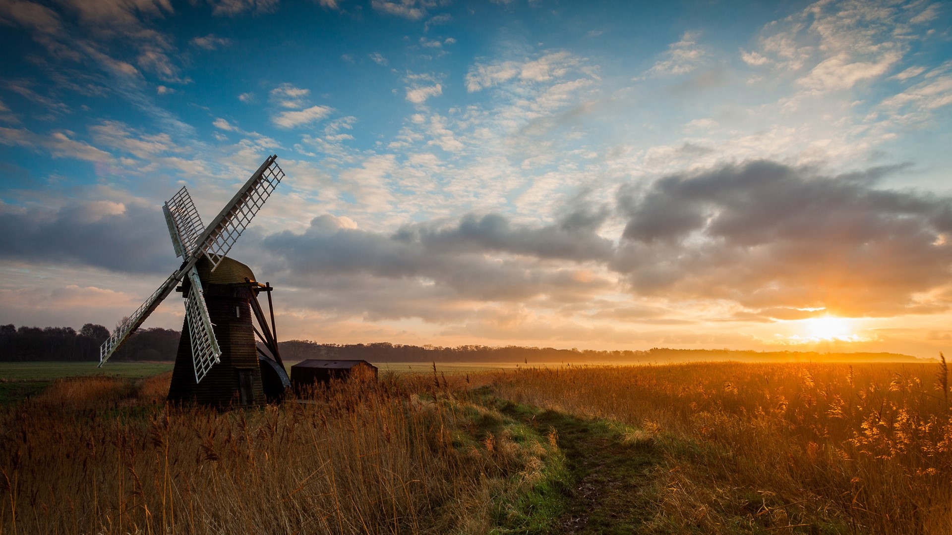 Windmill at sunrise in a field HD Wallpaper
