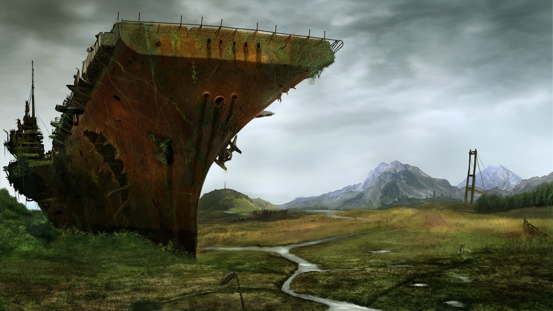 Post-apocalyptic landscape with a derelict aircraft carrier HD Wallpaper