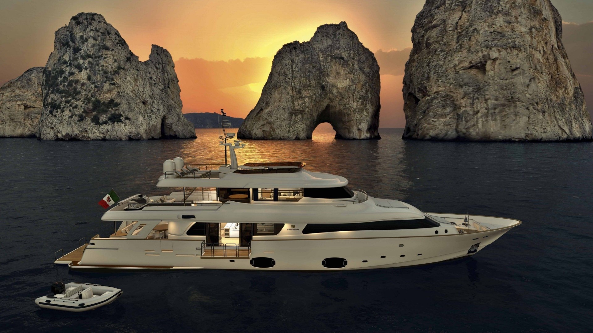Luxury Yacht near Faraglioni Rocks at Sunset HD Wallpaper