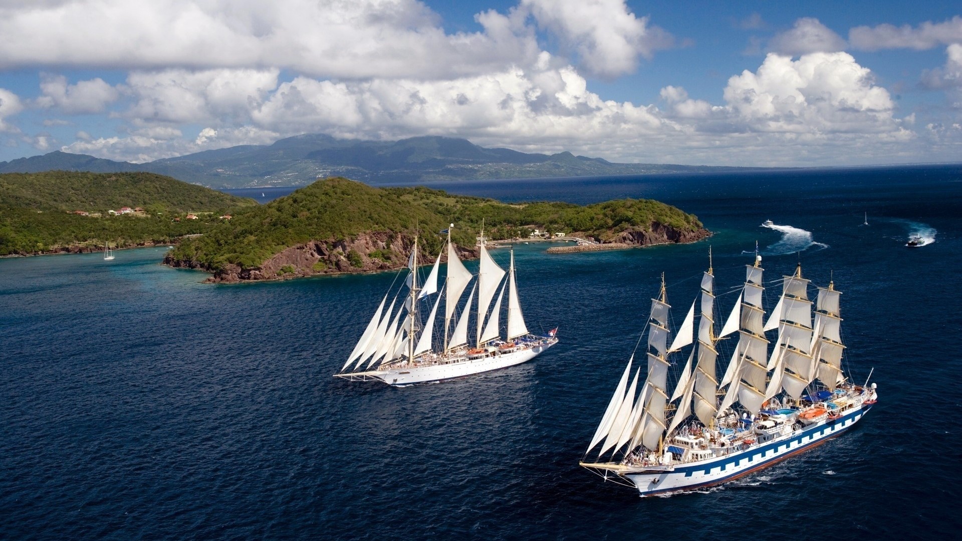 Sailing Ships on the Ocean Near Islands HD Wallpaper