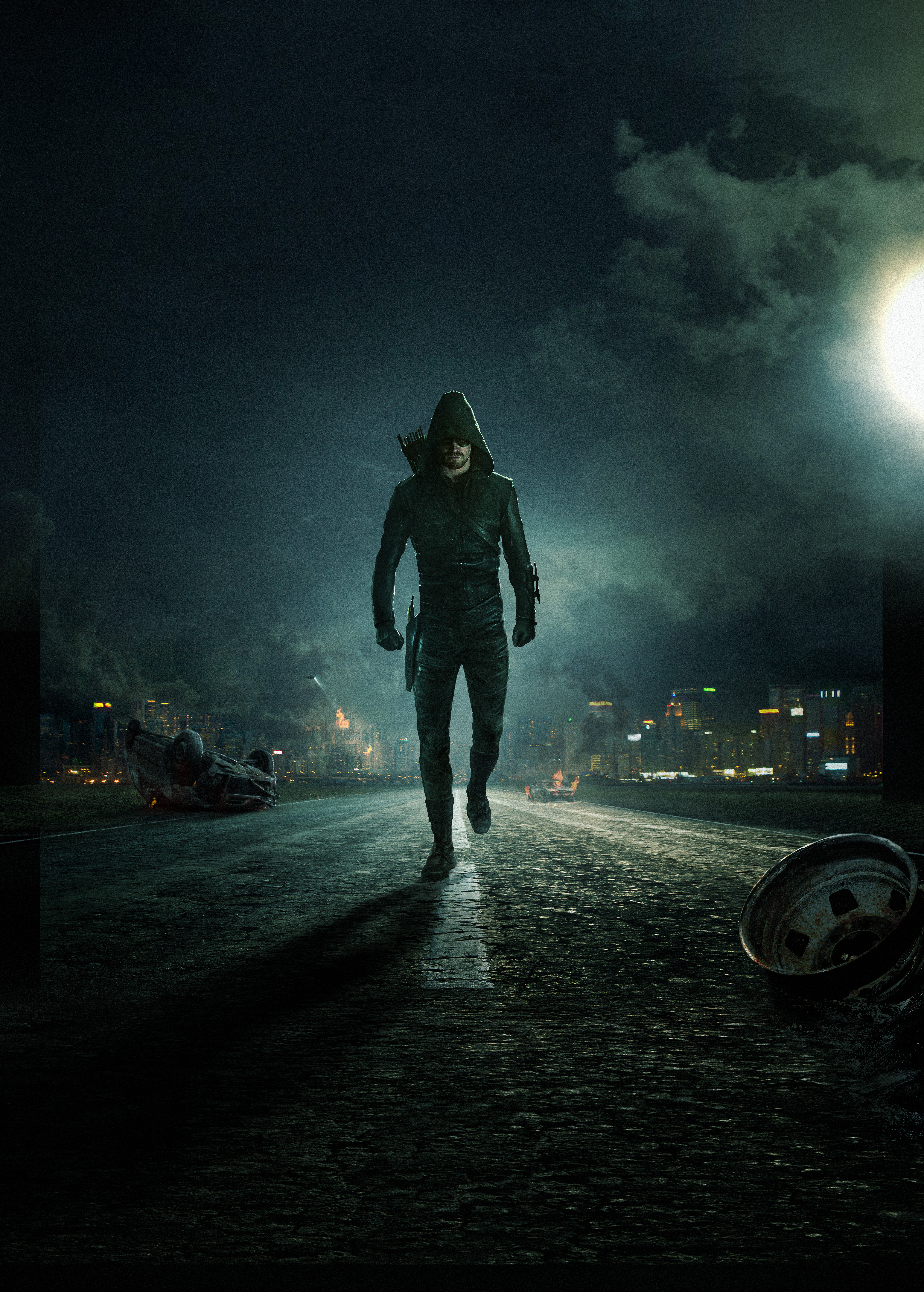 Green Arrow in a destroyed city at night HD Wallpaper