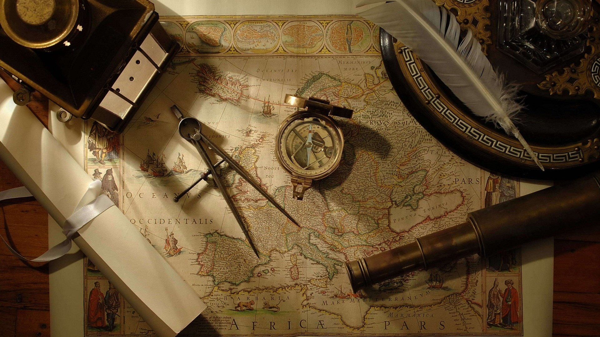 Antique map with navigational tools HD Wallpaper
