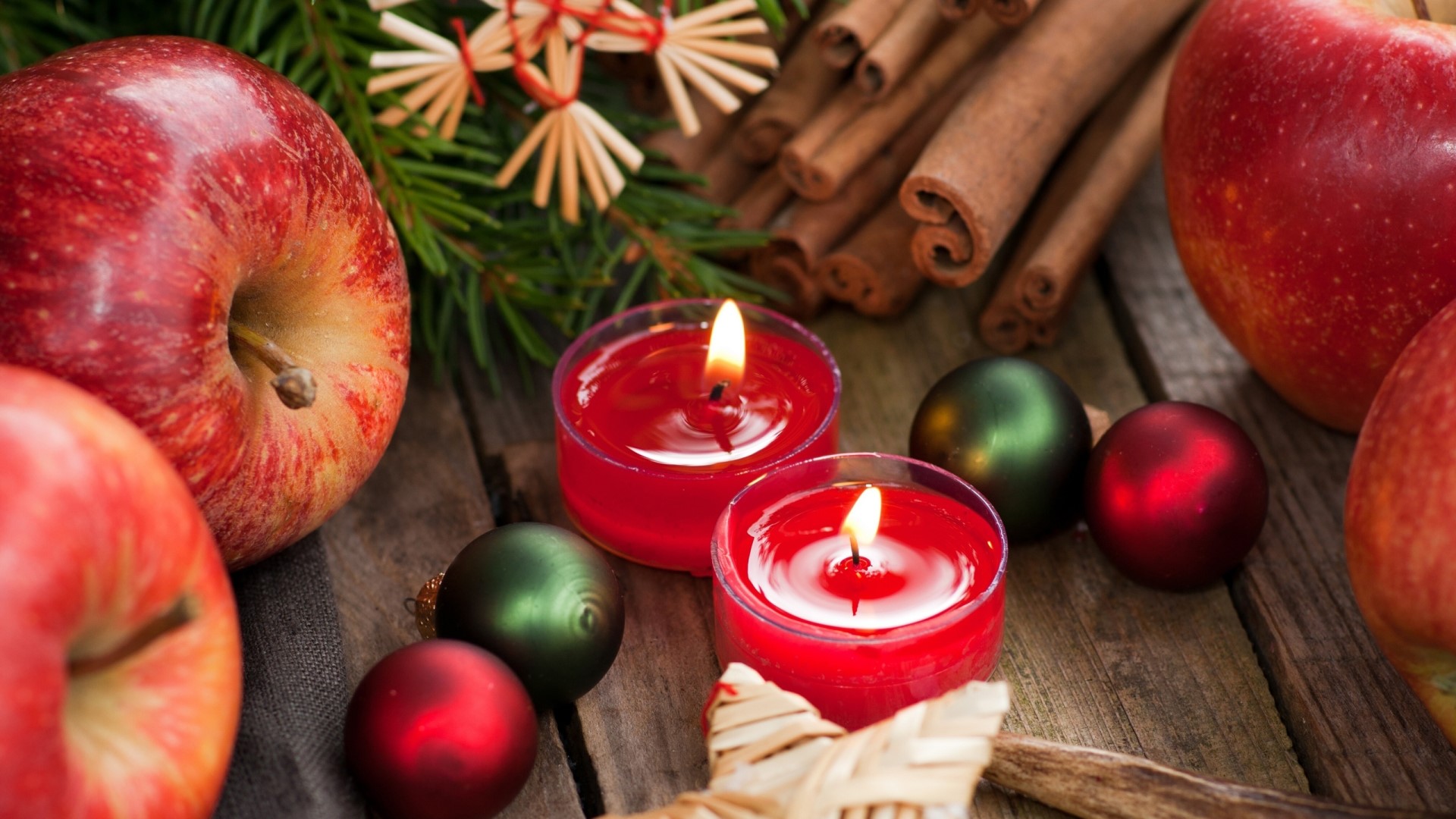Apples, Cinnamon, Candles, and Christmas Ornaments HD Wallpaper