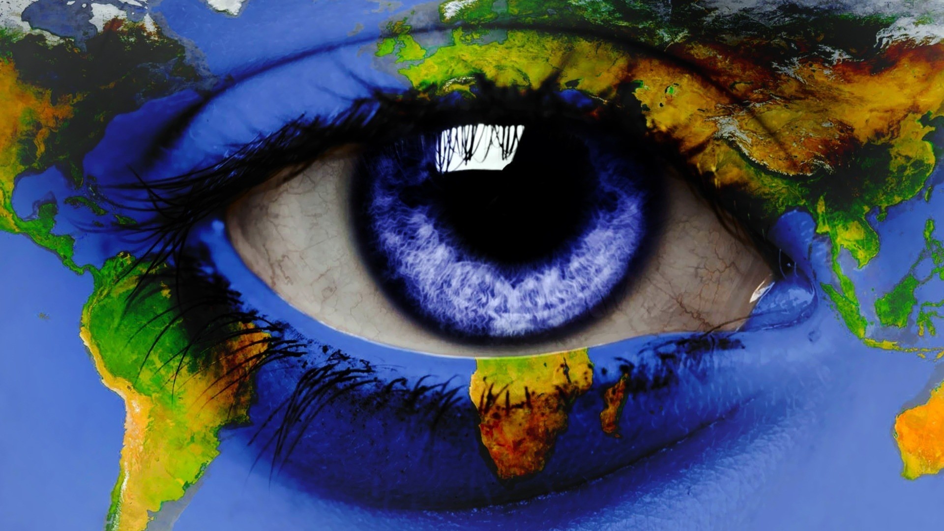 World map painted on a human eye HD Wallpaper