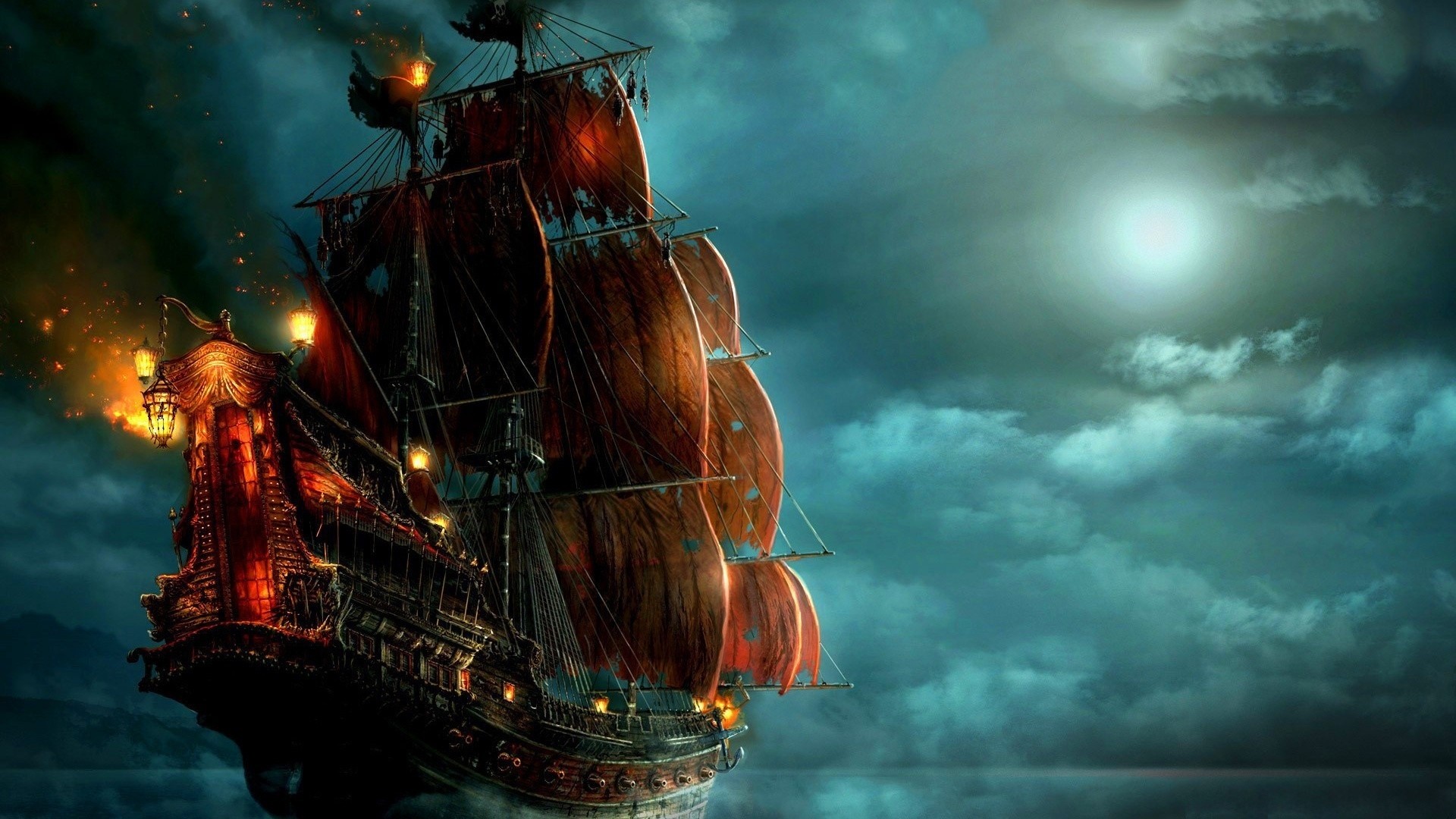 Ghost Ship sailing at night HD Wallpaper