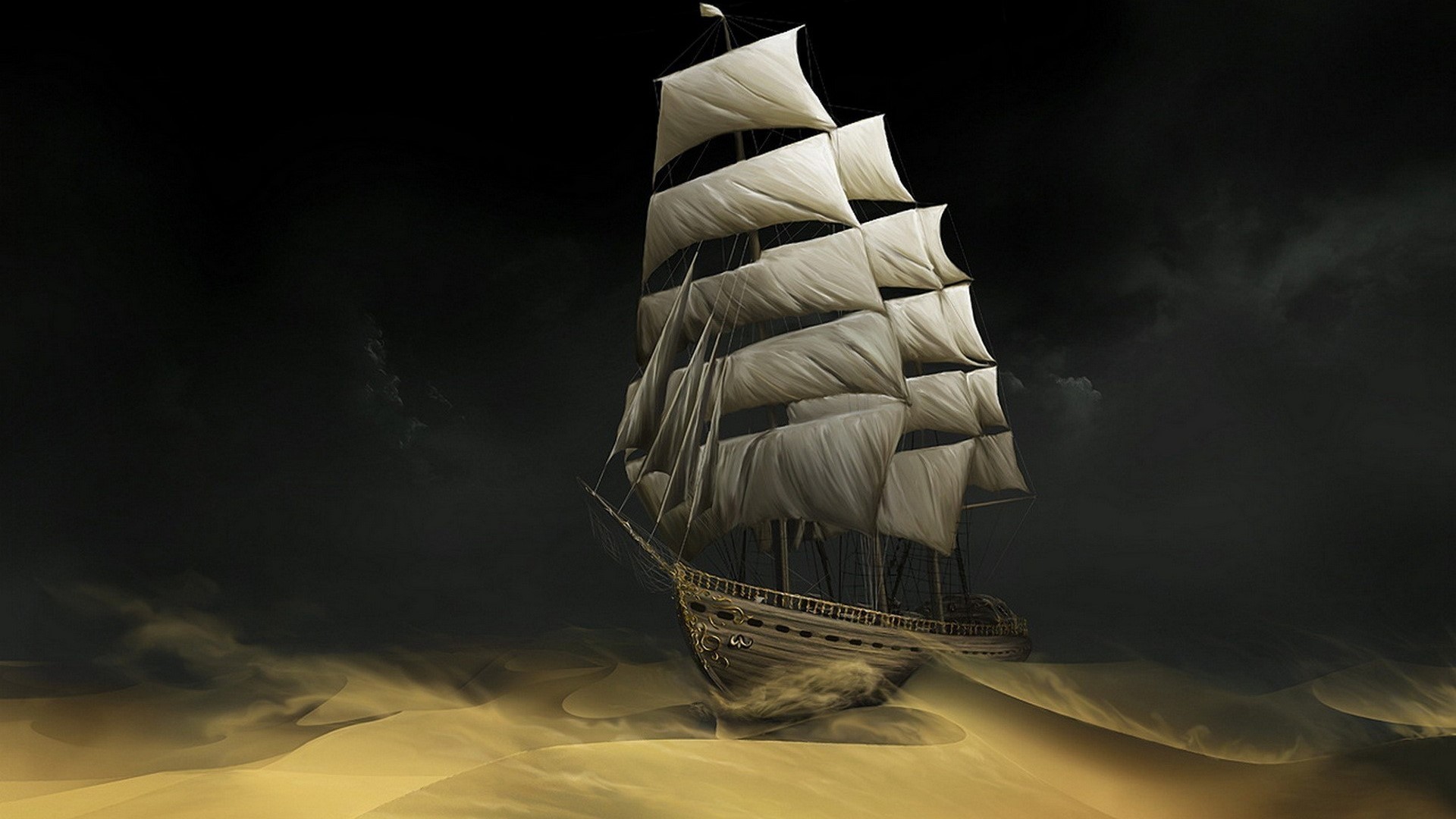 Ship sailing on a sea of sand HD Wallpaper