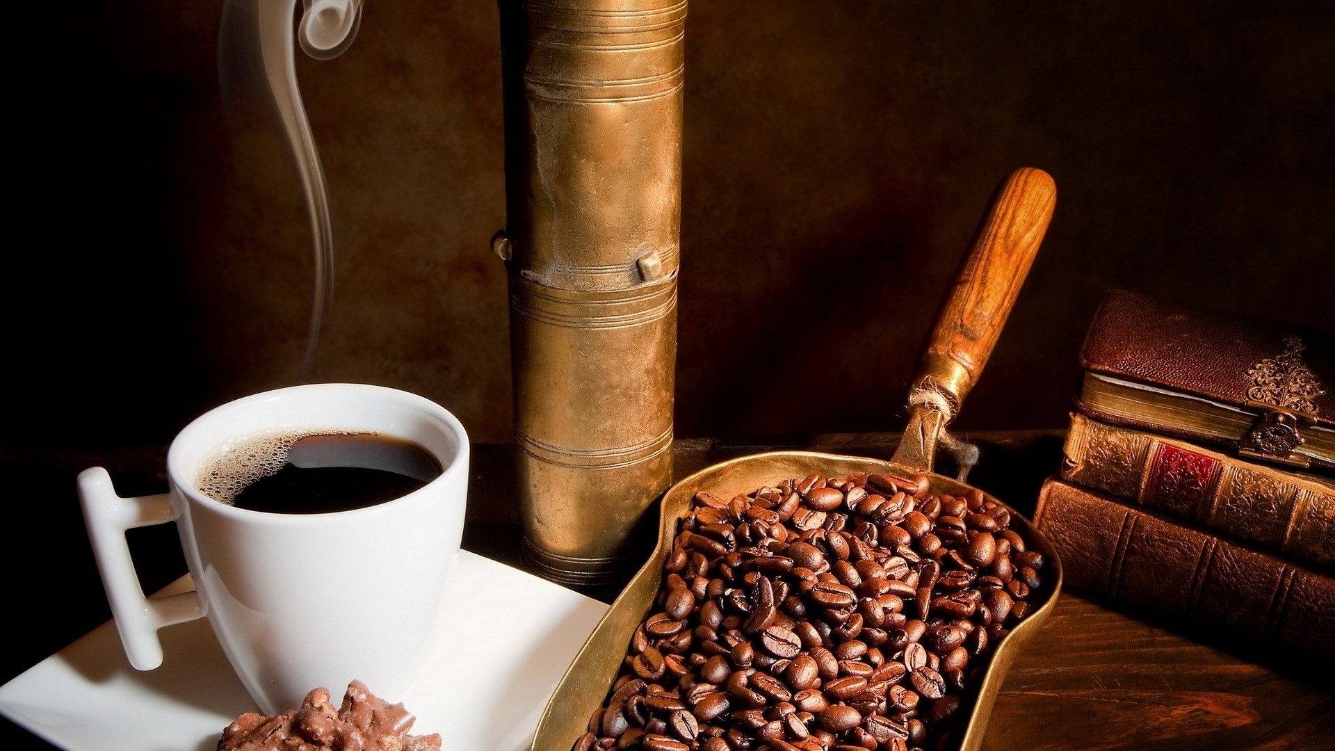 Hot Coffee with Coffee Beans and Books HD Wallpaper