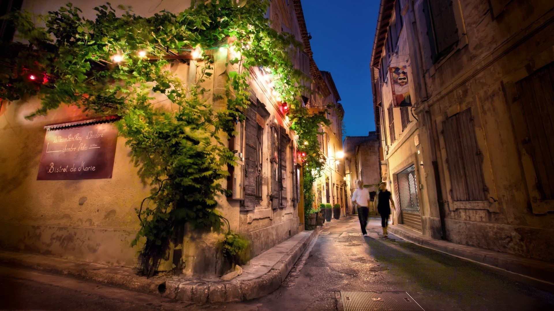 Street at night with people walking HD Wallpaper