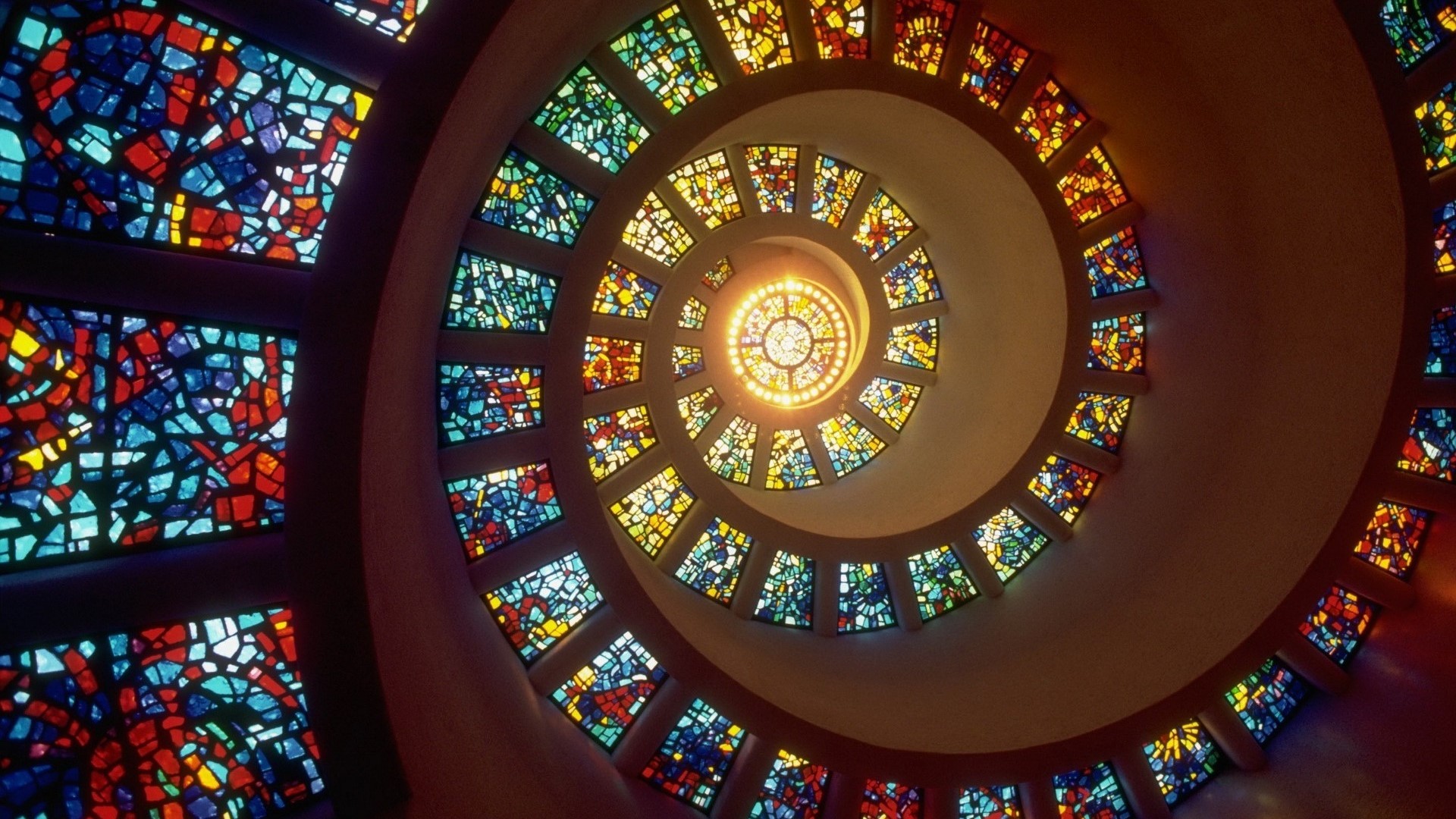 Spiral Staircase with Stained Glass Windows HD Wallpaper