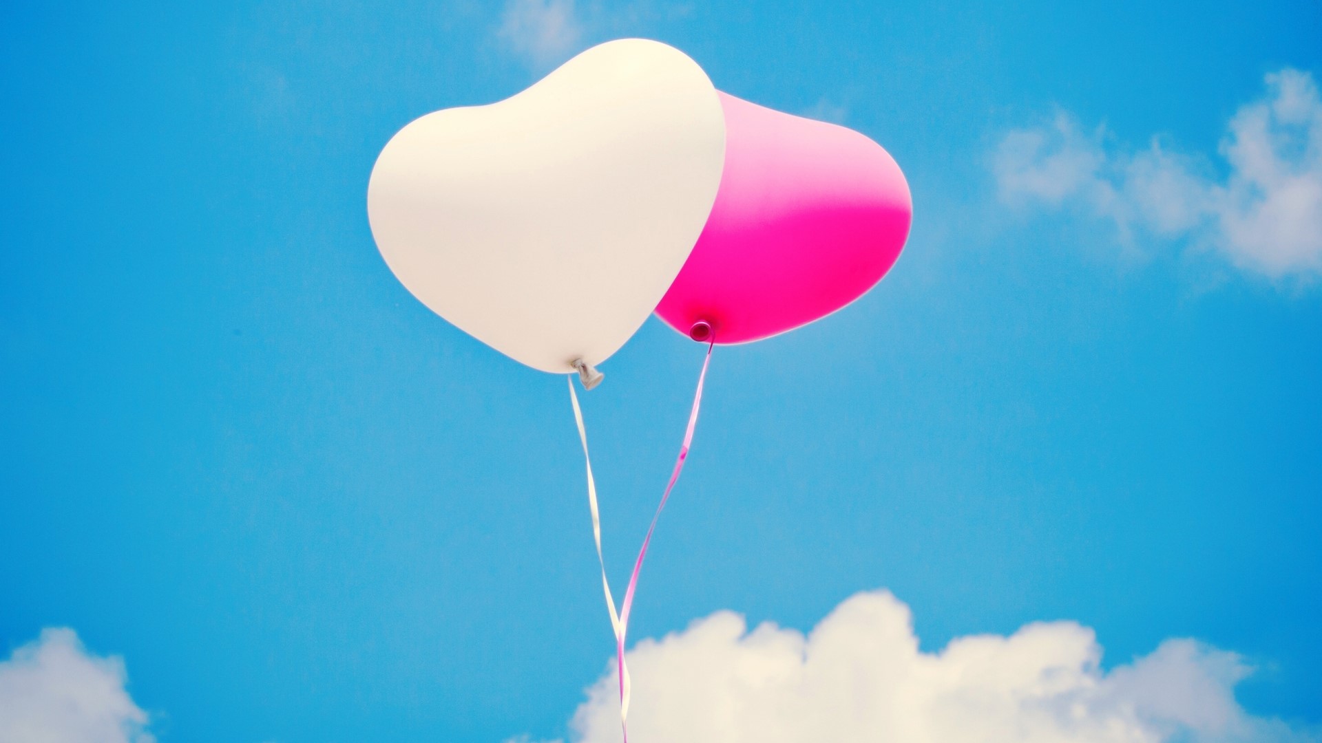 White and Pink Heart Balloons in Sky HD Wallpaper