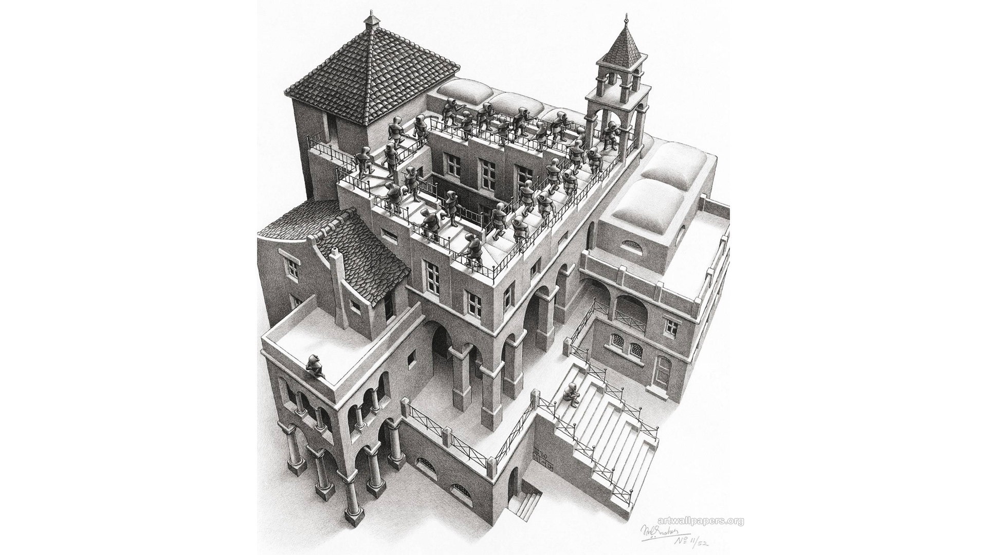 MC Escher's Ascending and Descending Architecture HD Wallpaper