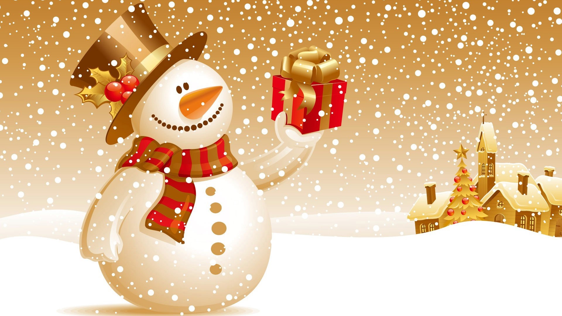Snowman with Christmas Present and Village HD Wallpaper