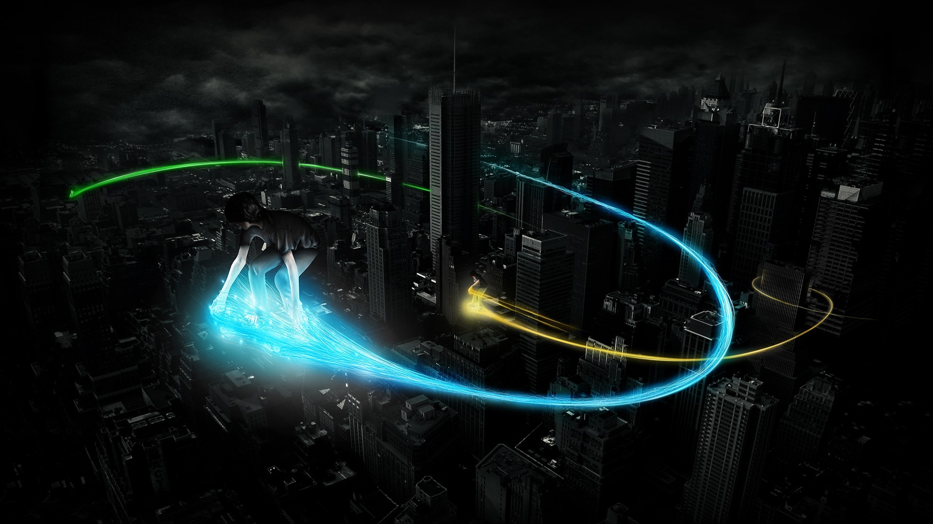 Girl skyboarding through a futuristic city with light trails HD Wallpaper
