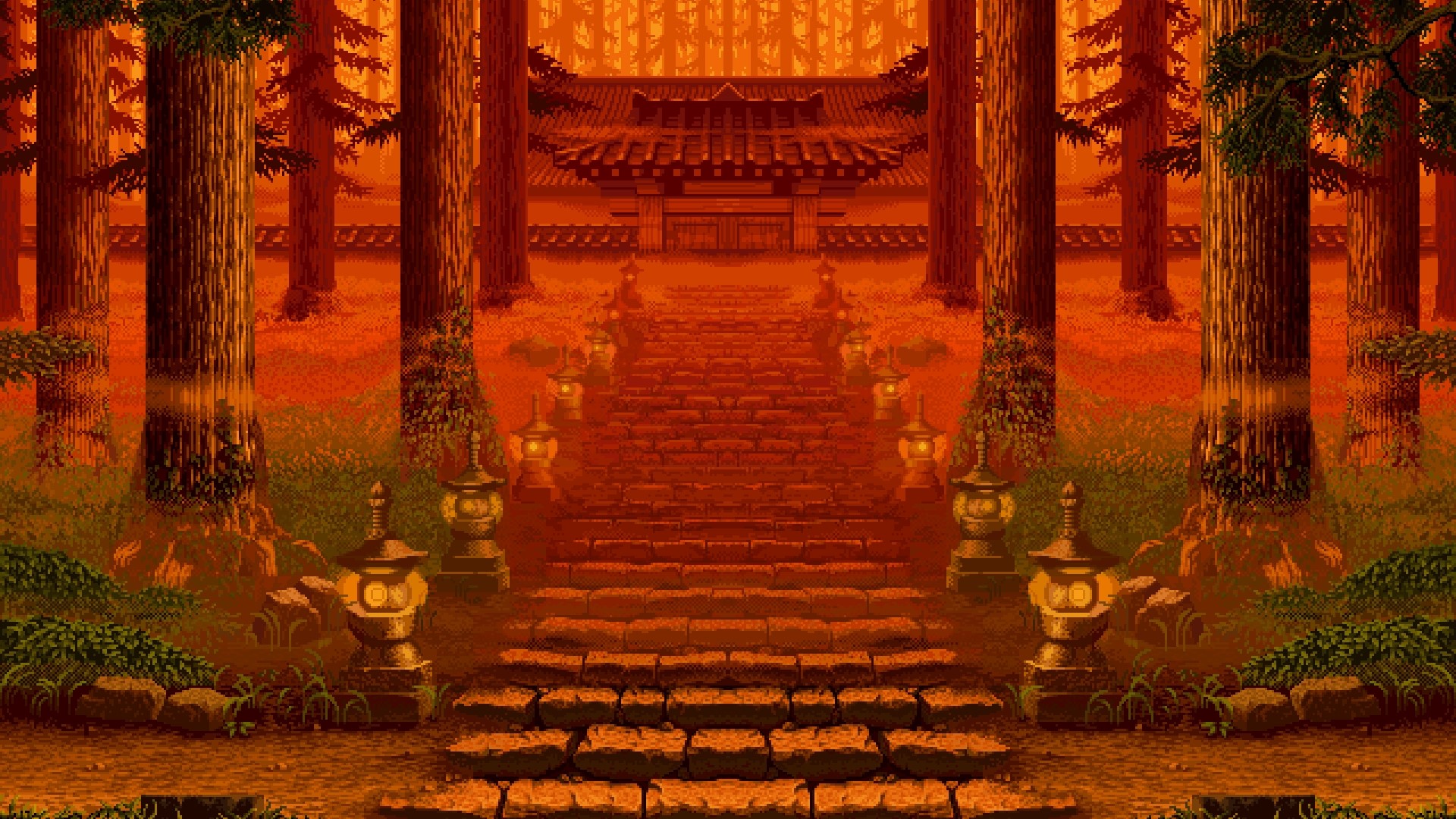 Pixel art Japanese temple entrance with stone stairs and lanterns HD Wallpaper