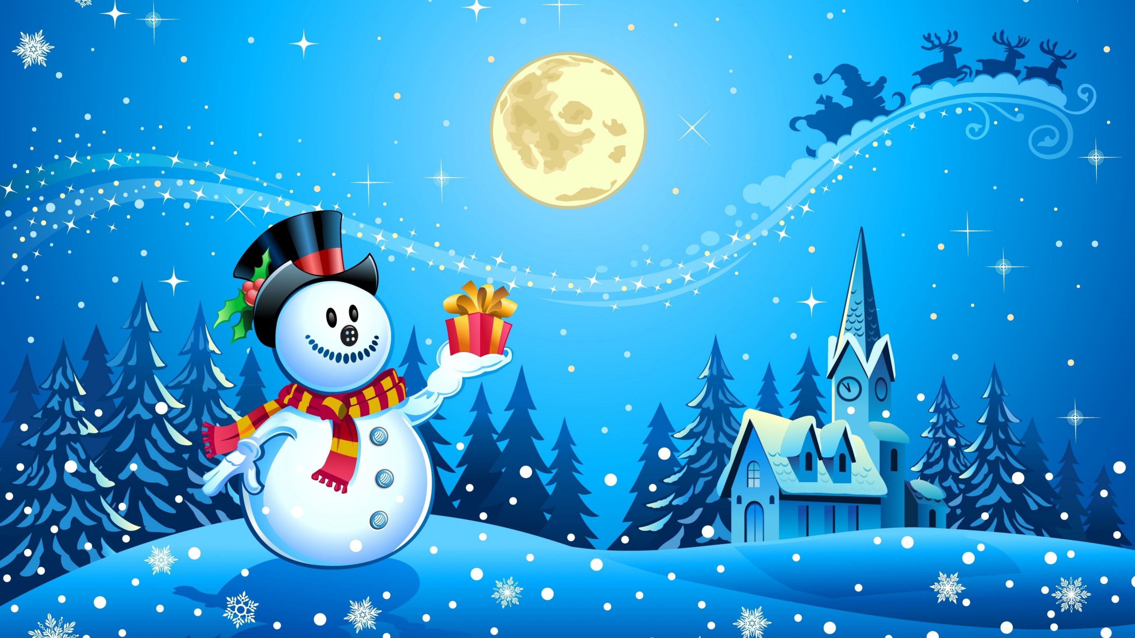 4K Snowman with Gift in Snowy Village HD Wallpaper