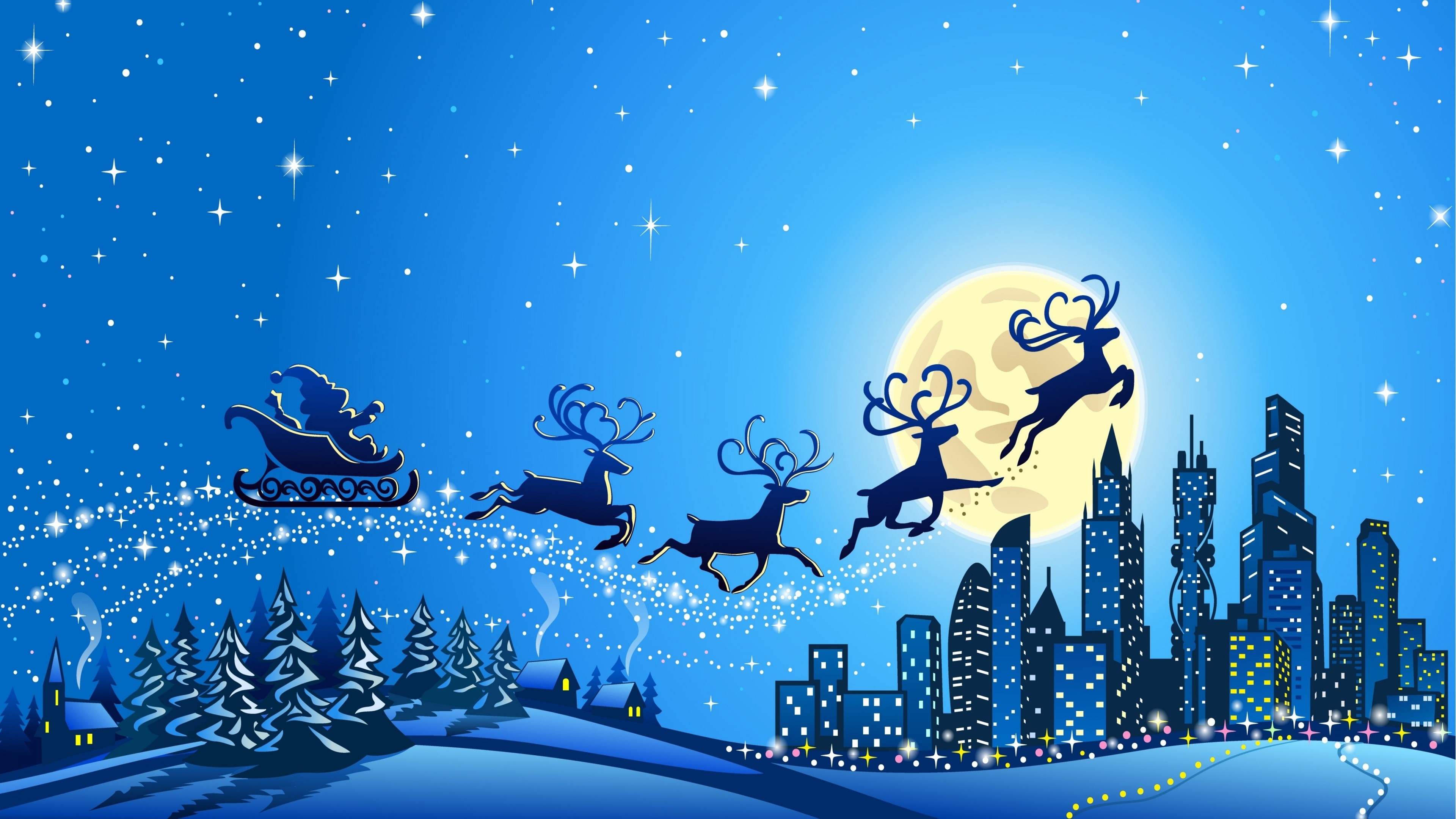 4K New Year Santa Sleigh Ride Over City HD Wallpaper