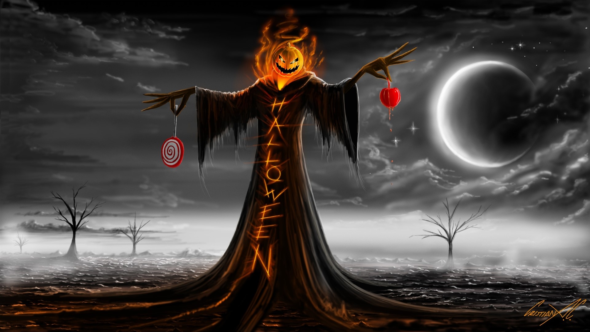 Halloween Pumpkin Scarecrow with Candies HD Wallpaper