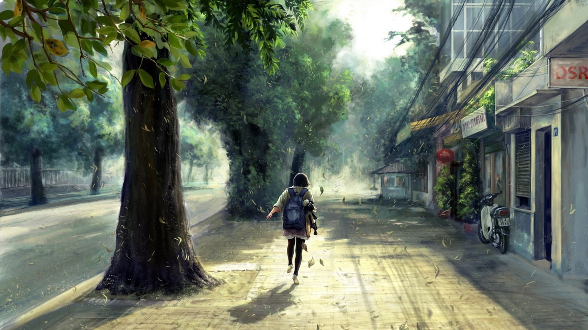 Girl with backpack walking on a tree-lined street HD Wallpaper